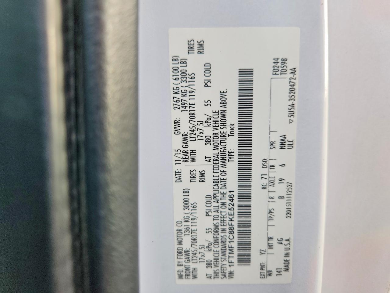 2015 Ford F150 White vin: 1FTMF1C88FKE52461