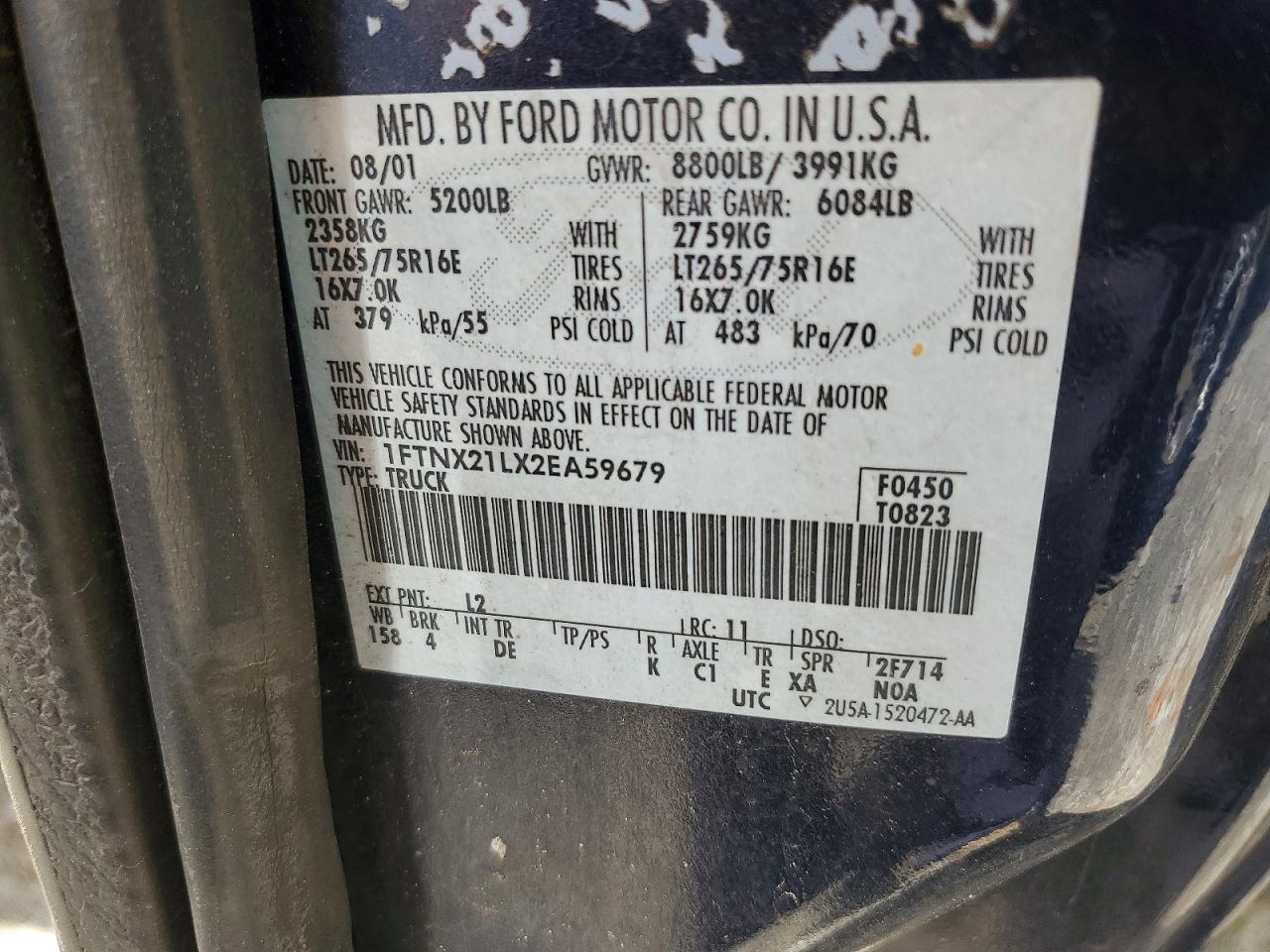 2002 Ford F250 Super Duty Blue vin: 1FTNX21LX2EA59679