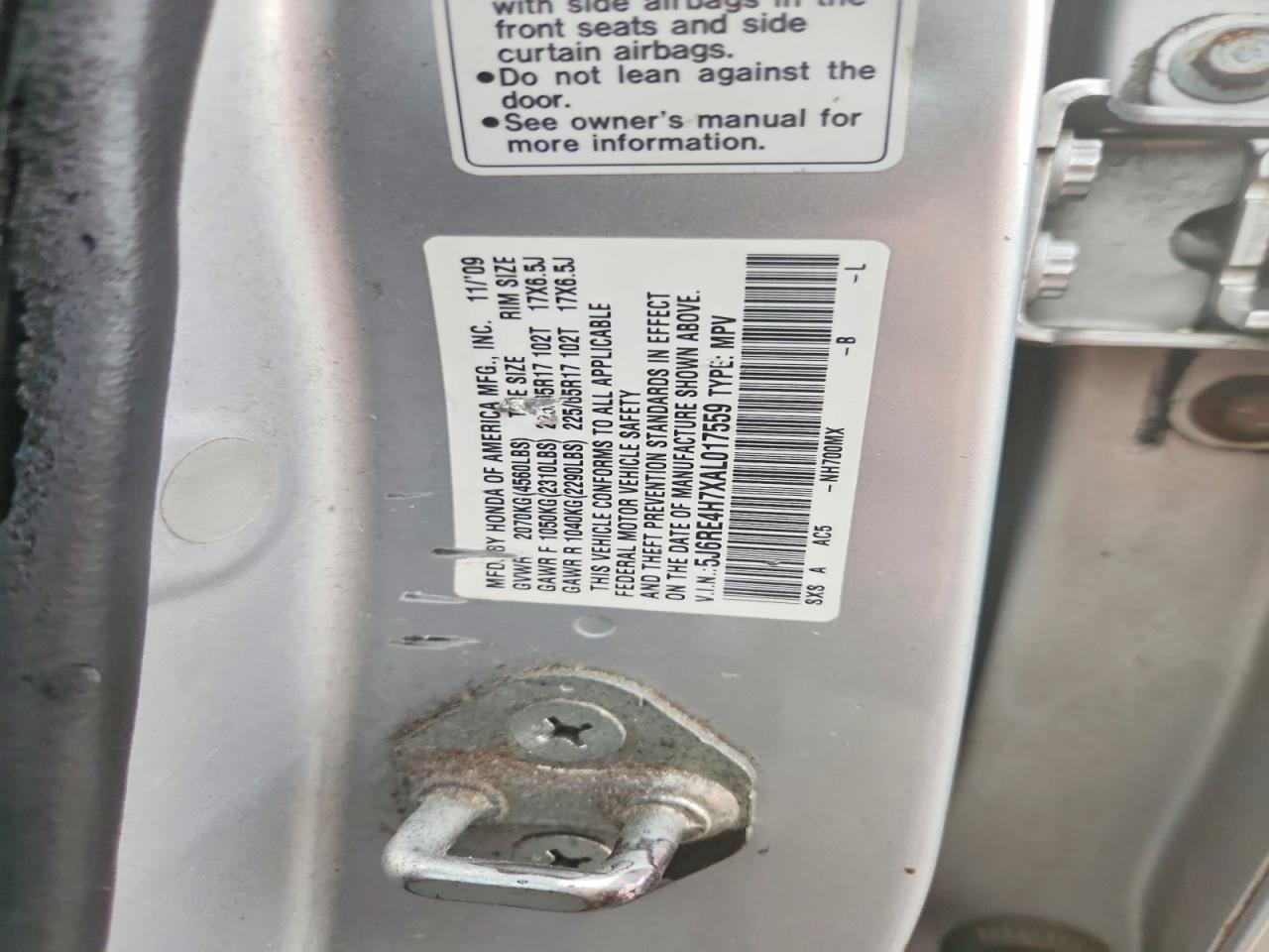 2010 Honda Cr-v Exl Серебряный vin: 5J6RE4H7XAL017559
