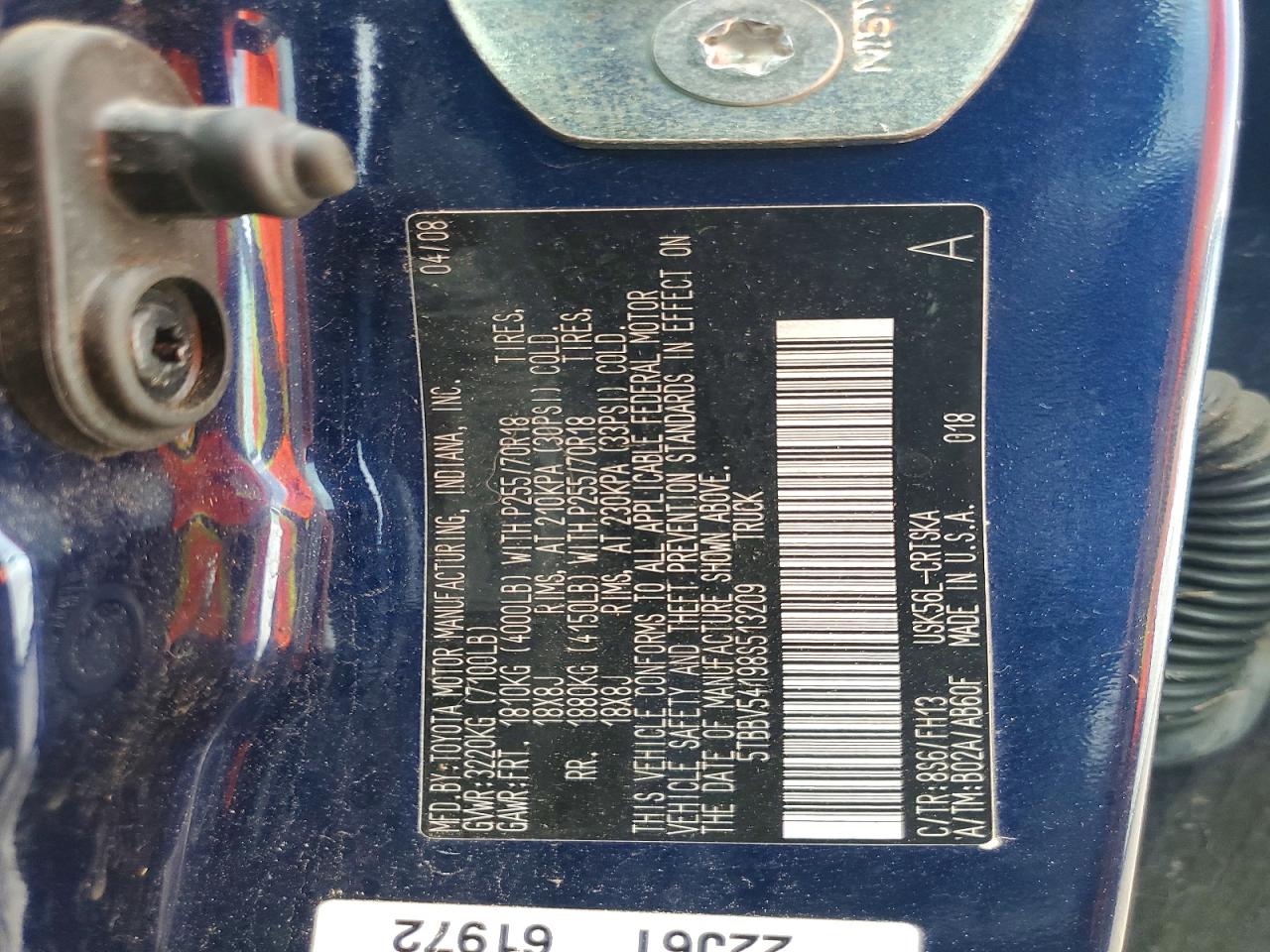 2008 Toyota Tundra Grade Blue vin: 5TBBV54198S513209