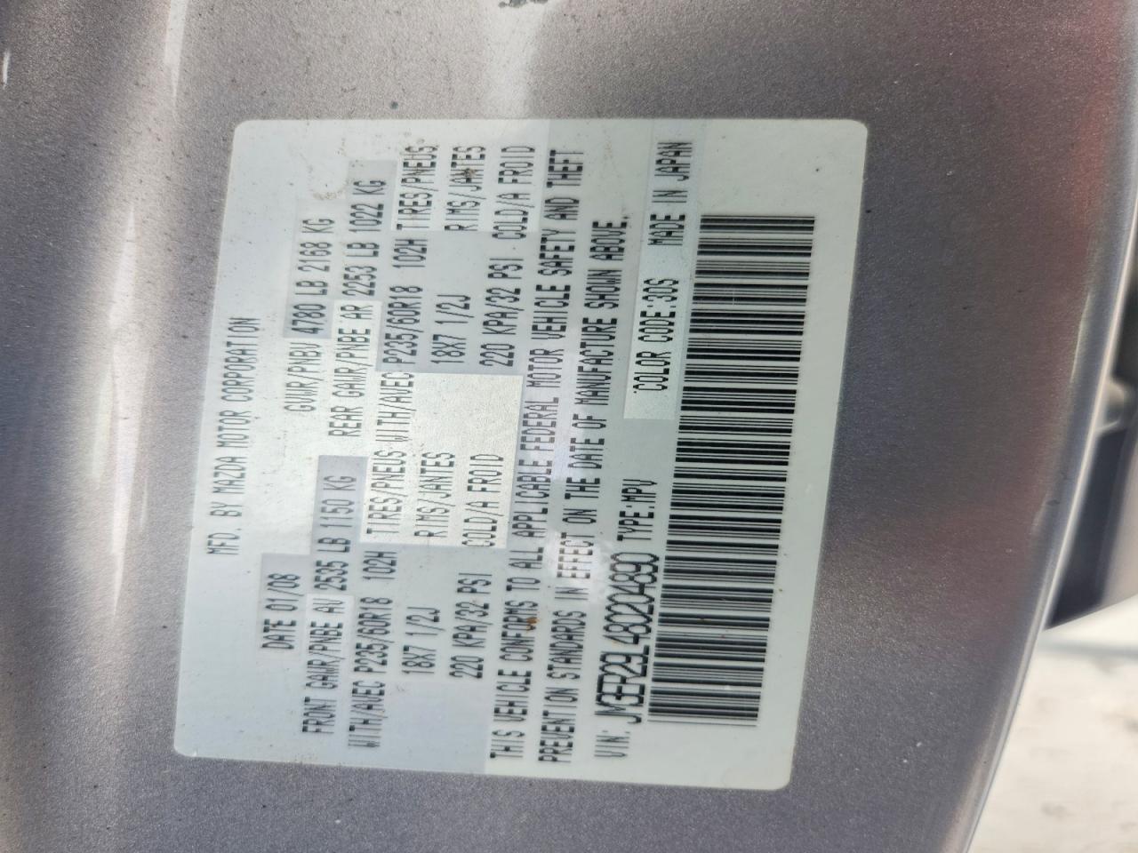 2008 Mazda Cx-7 Silver vin: JM3ER29L480204890
