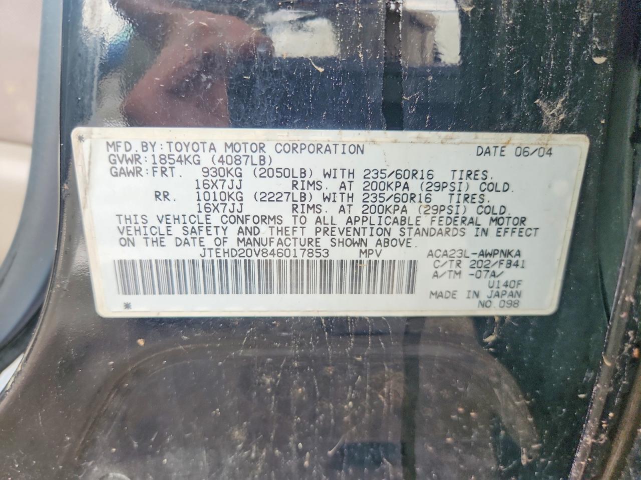 2004 Toyota Rav4 Base Black vin: JTEHD20V846017853