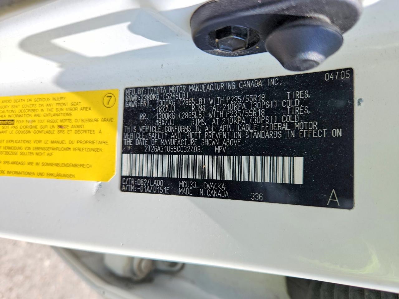 2005 Lexus Rx 330 White vin: 2T2GA31U55C032708
