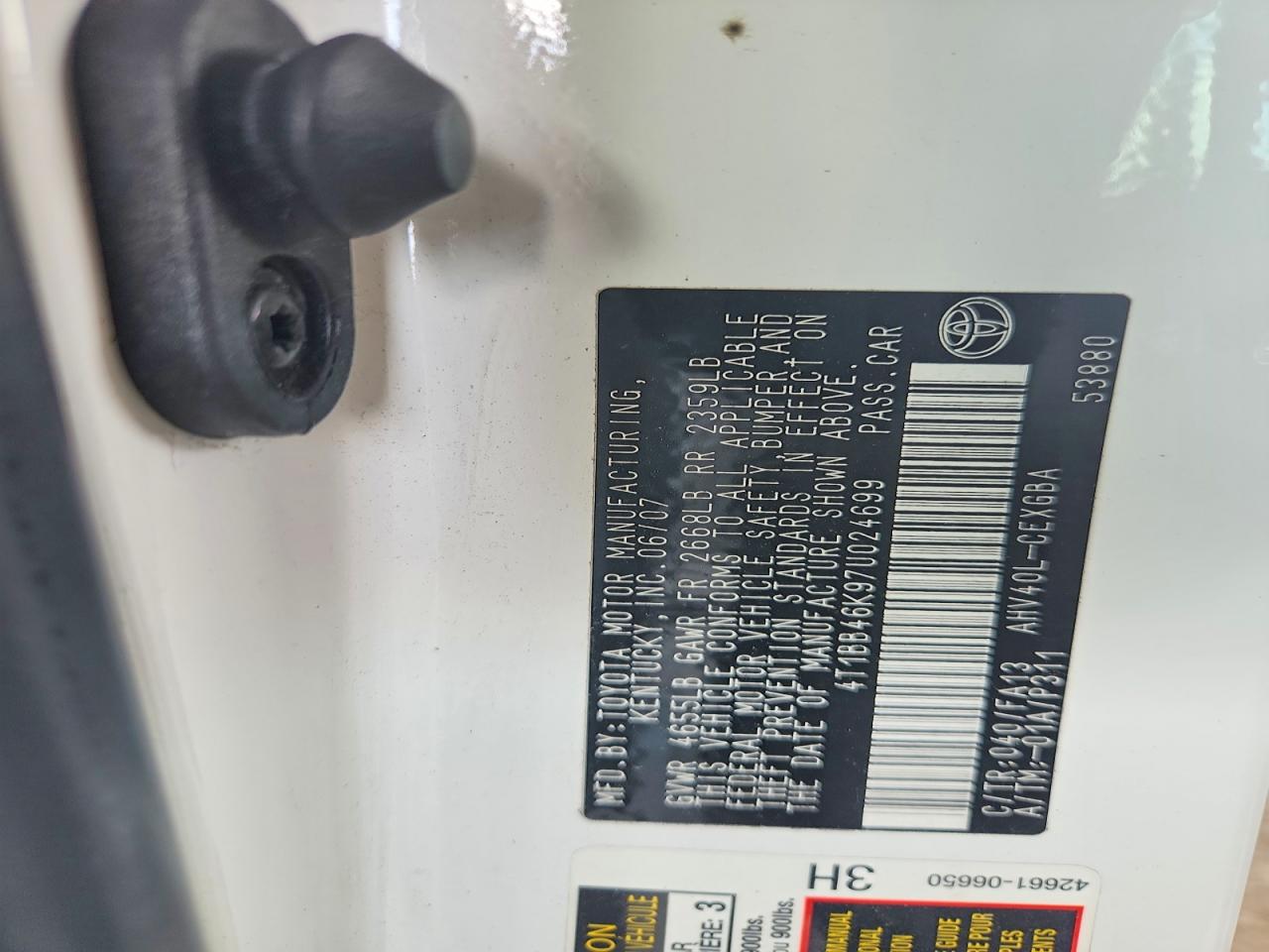 2007 Toyota Camry Hybrid White vin: 4T1BB46K97U024699
