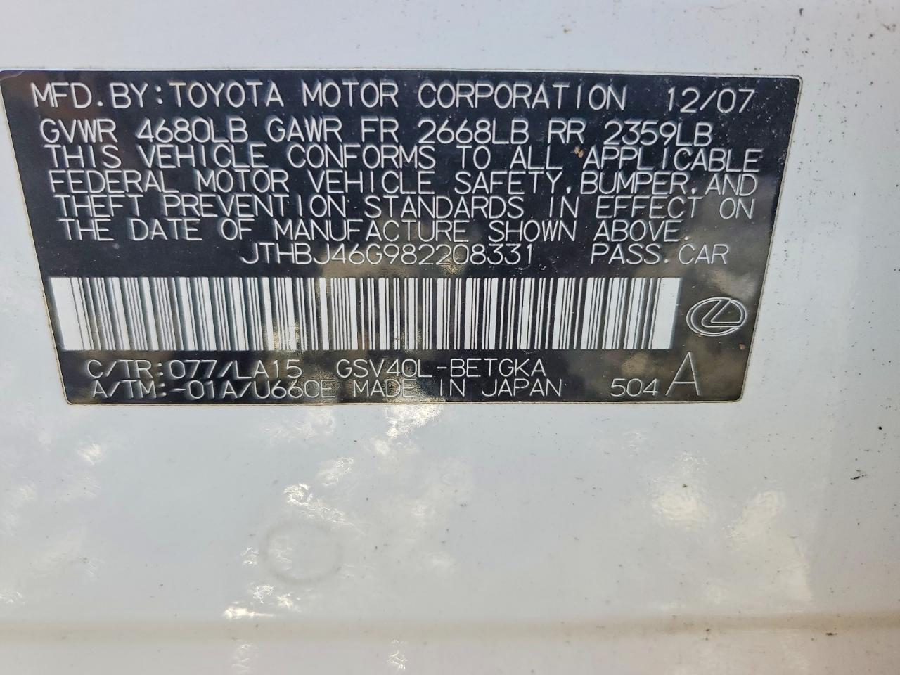 2008 Lexus Es 350 Белый vin: JTHBJ46G982208331
