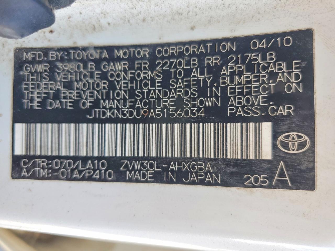 2010 Toyota Prius Iv White vin: JTDKN3DU9A5156034