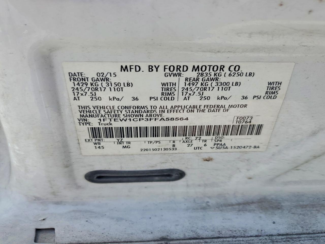 2015 Ford F150 Supercrew White vin: 1FTEW1CP3FFA58564