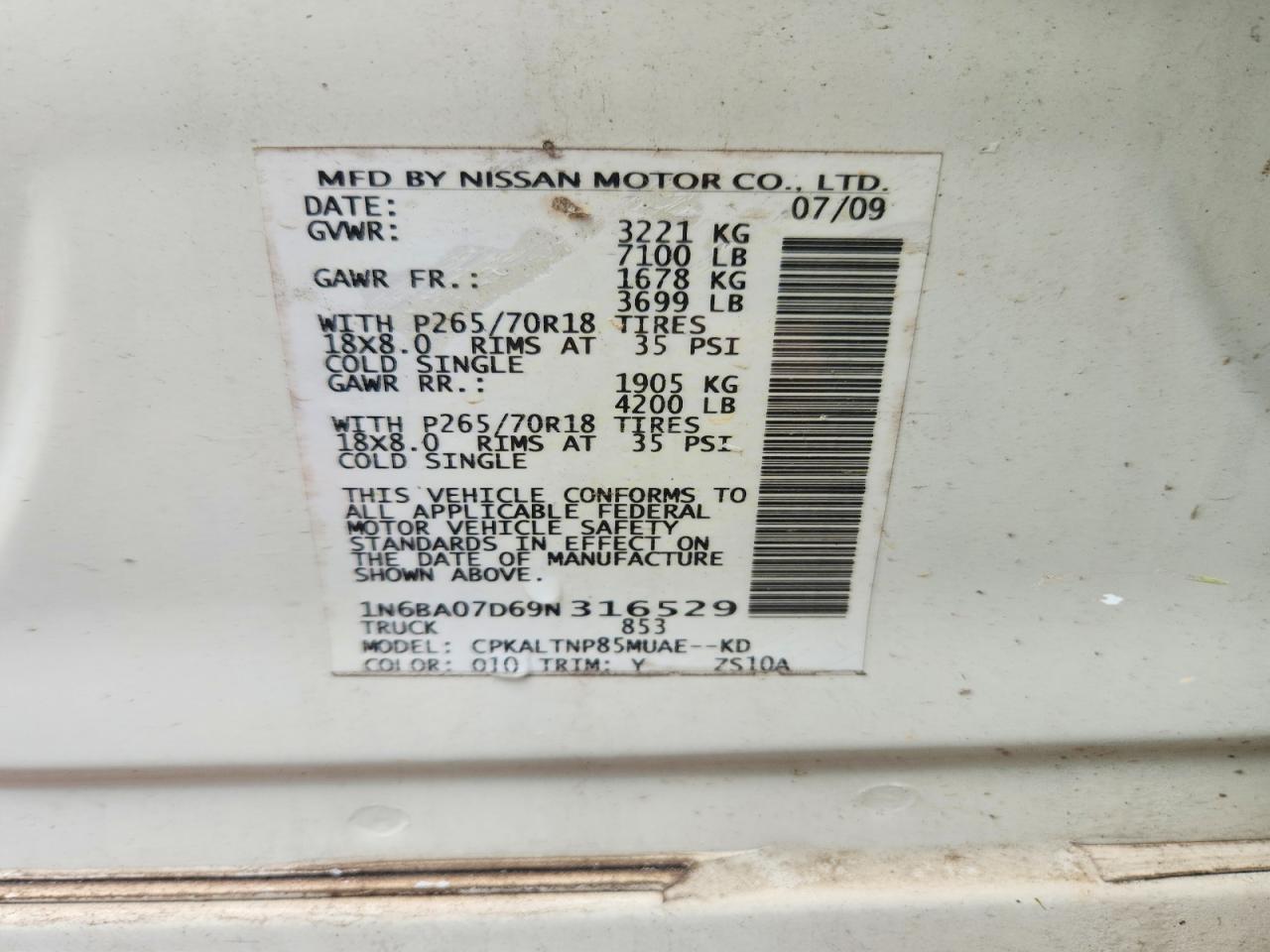 2009 Nissan Titan Xe Ffv White vin: 1N6BA07D69N316529
