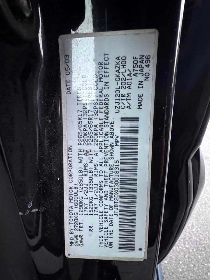 2003 Lexus Gx 470 Black vin: JTJBT20X030018315