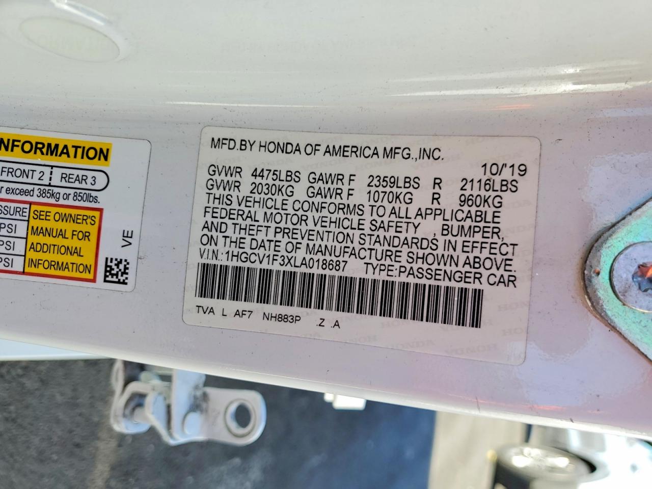 2020 Honda Accord Sport White vin: 1HGCV1F3XLA018687