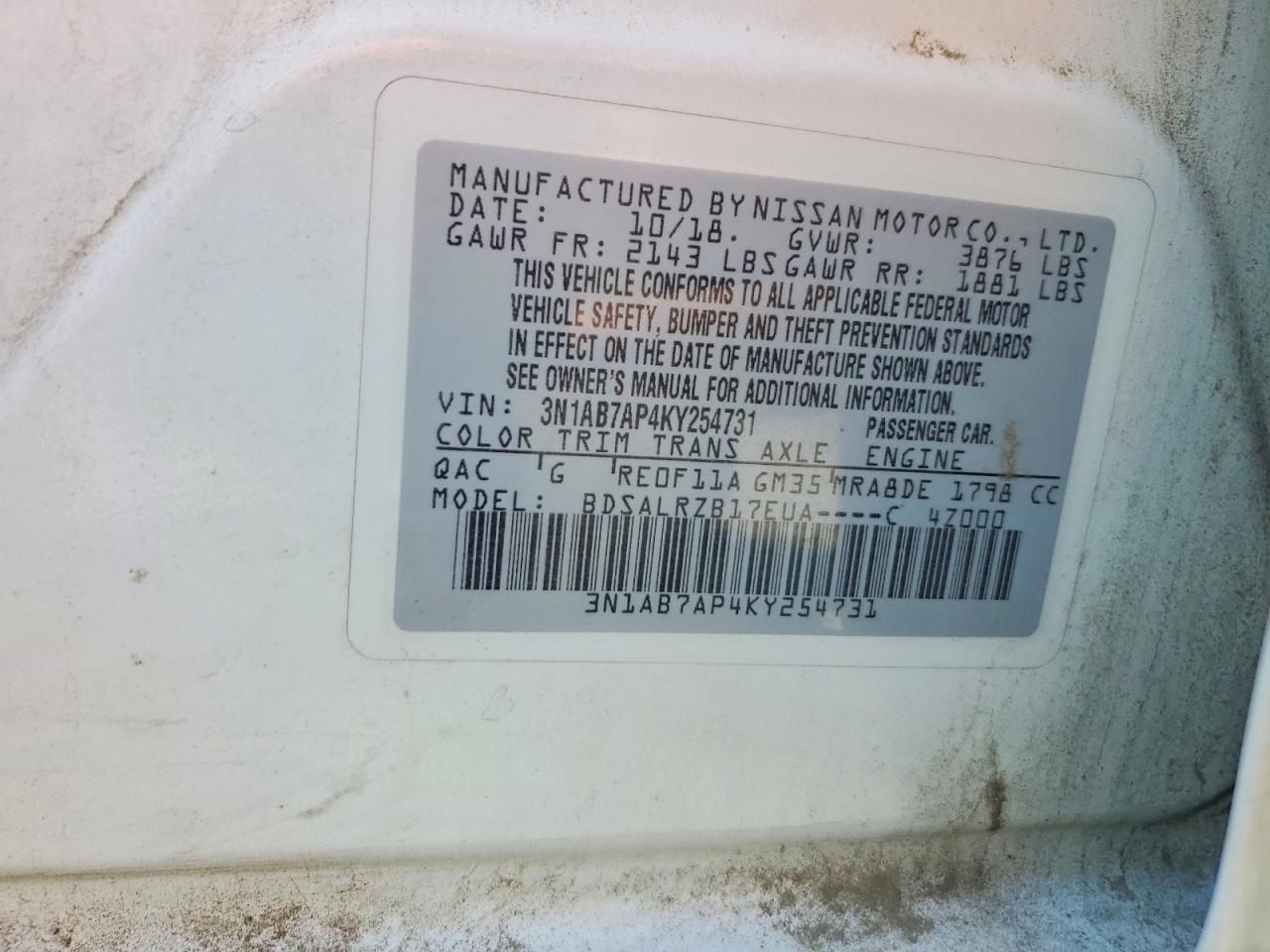 2019 Nissan Sentra Sr White vin: 3N1AB7AP4KY254731