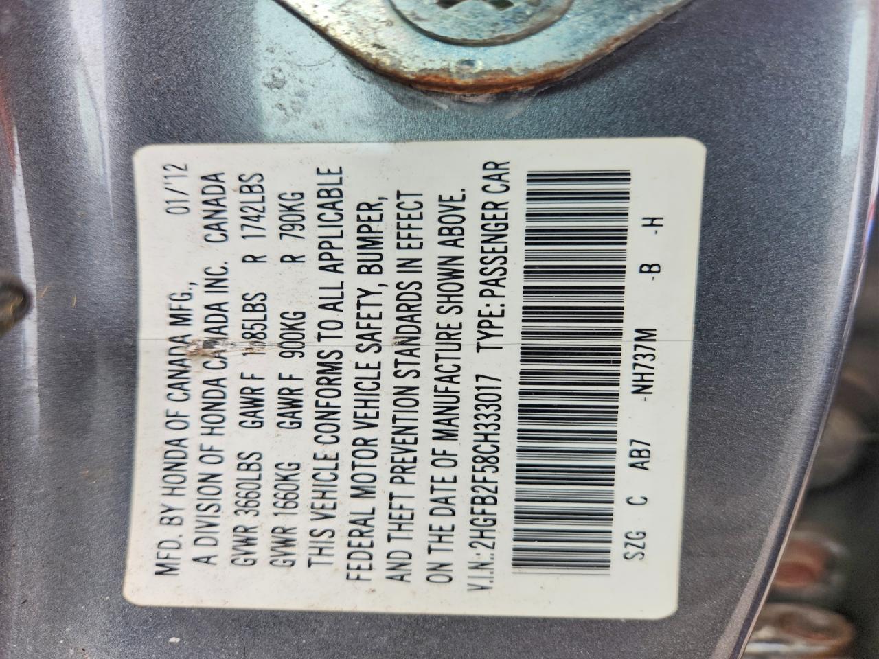 2012 Honda Civic Lx Gray vin: 2HGFB2F58CH333017