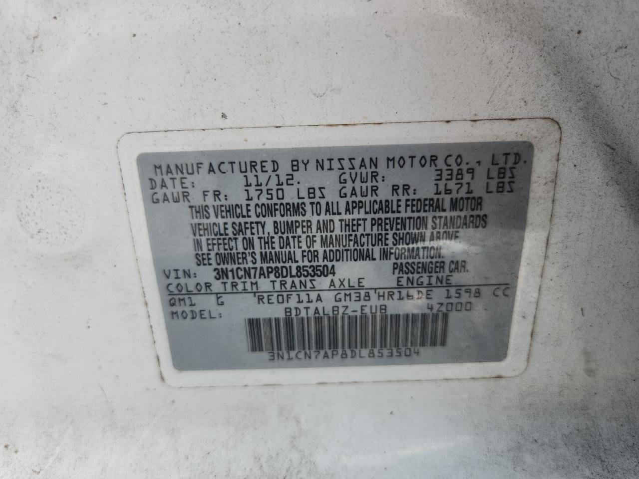 2013 Nissan Versa 1.6 S White vin: 3N1CN7AP8DL853504