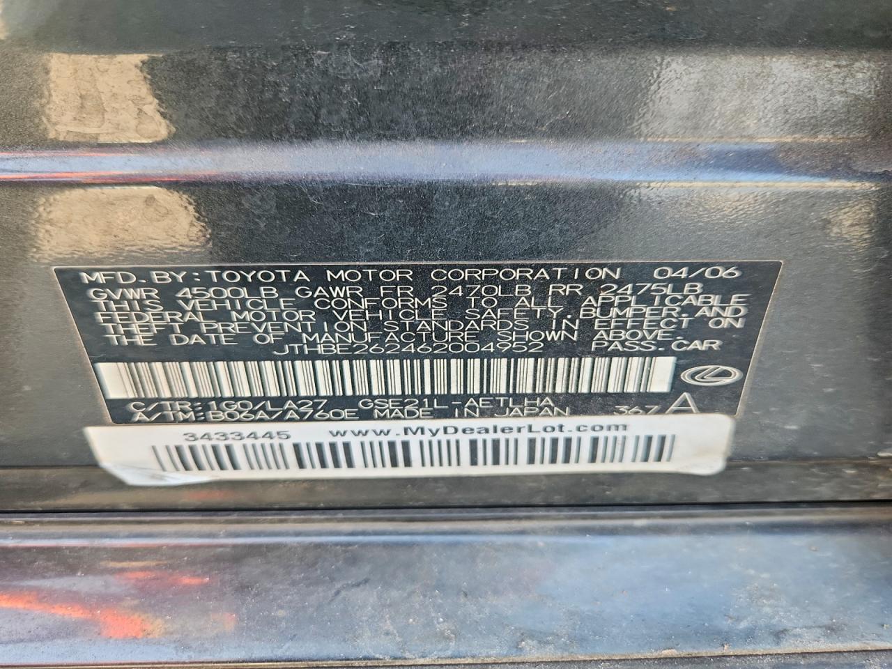 2006 Lexus Is 350 Charcoal vin: JTHBE262462004952