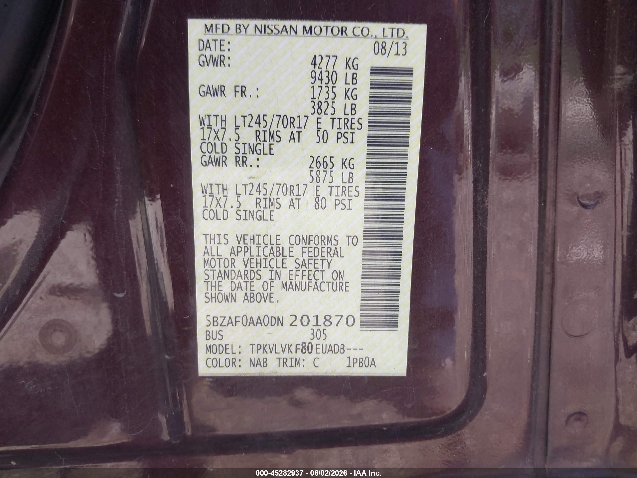 2013 Nissan Nv Passenger Nv3500 Hd Sl V8 Burgundy vin: 5BZAF0AA0DN201870