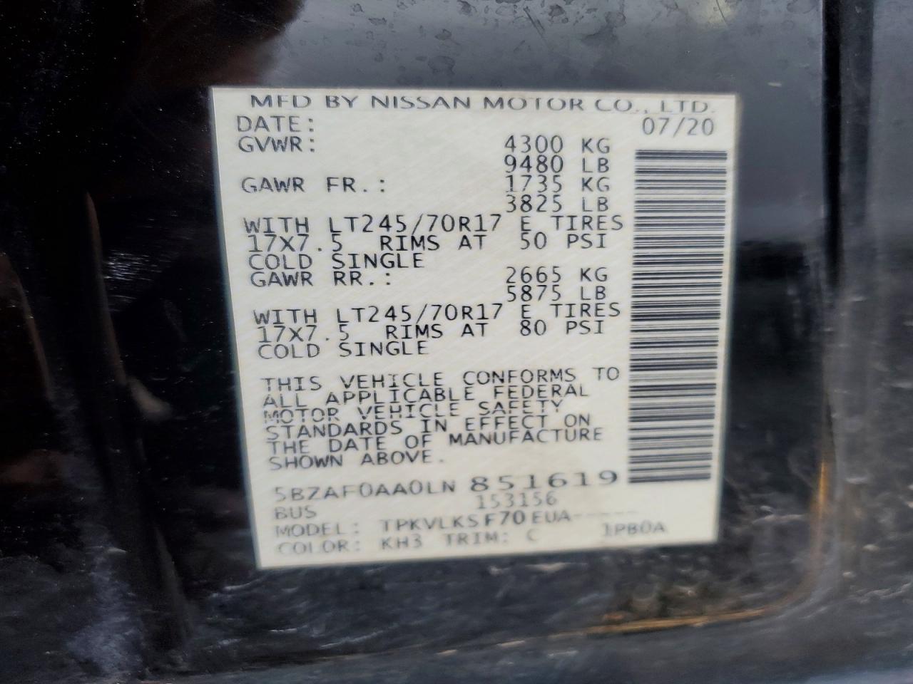 2020 Nissan Nv 3500 Hd Sl Black vin: 5BZAF0AA0LN851619