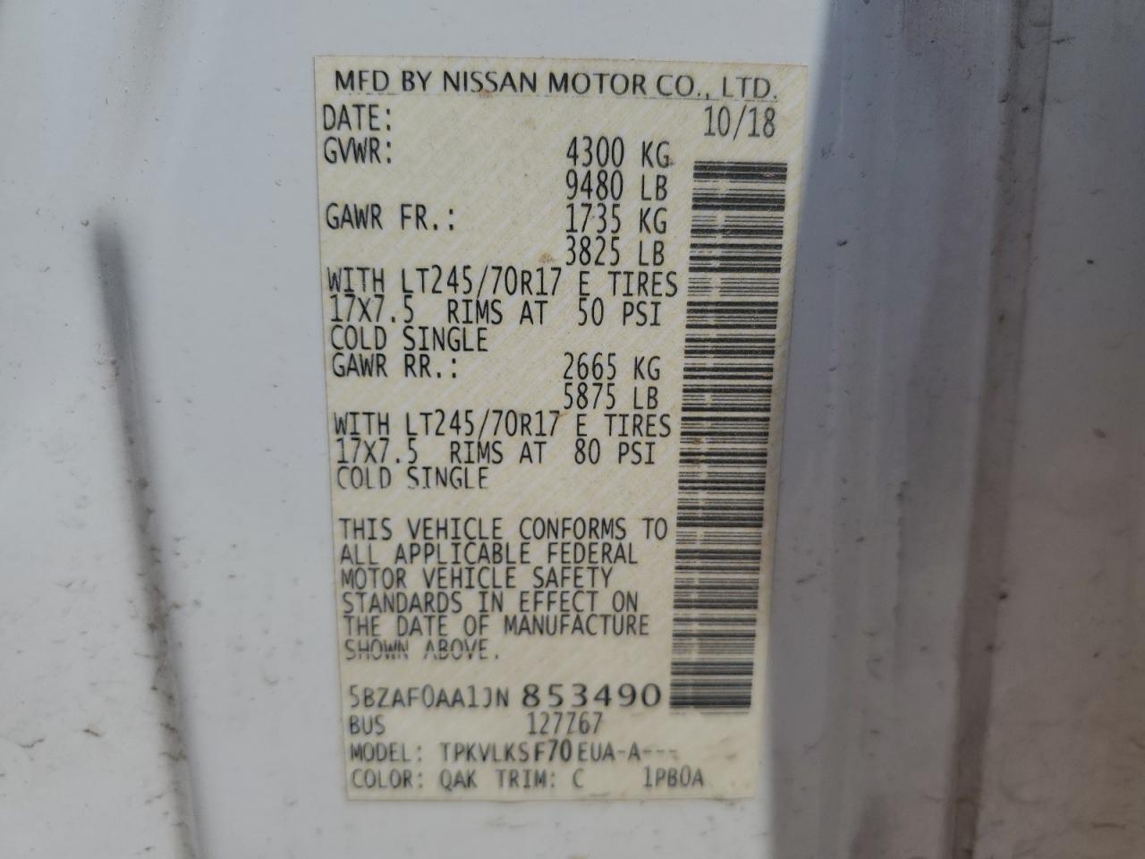 2018 Nissan Nv White vin: 5BZAF0AA1JN853490