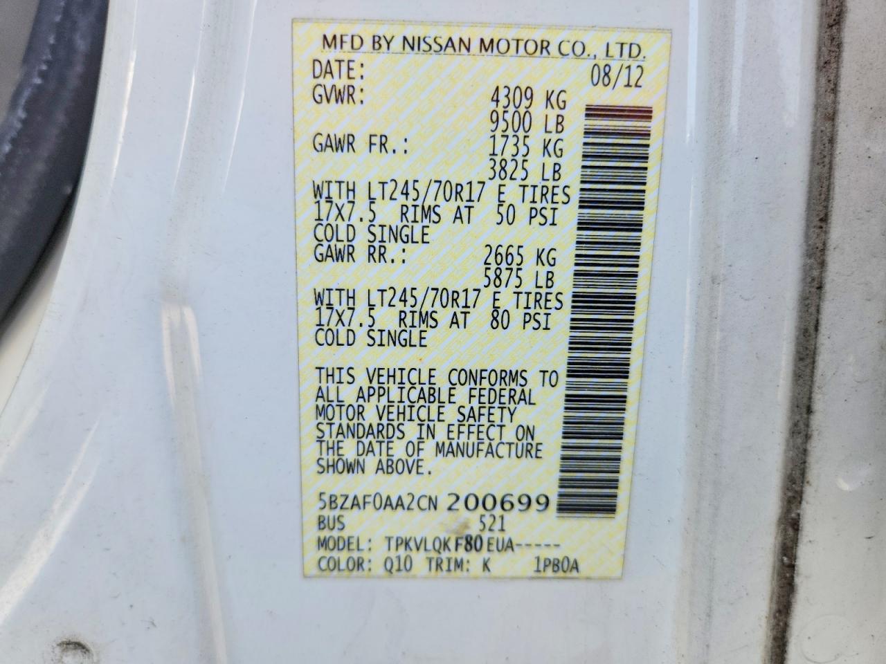 2012 Nissan Nv 3500 Hd S White vin: 5BZAF0AA2CN200699