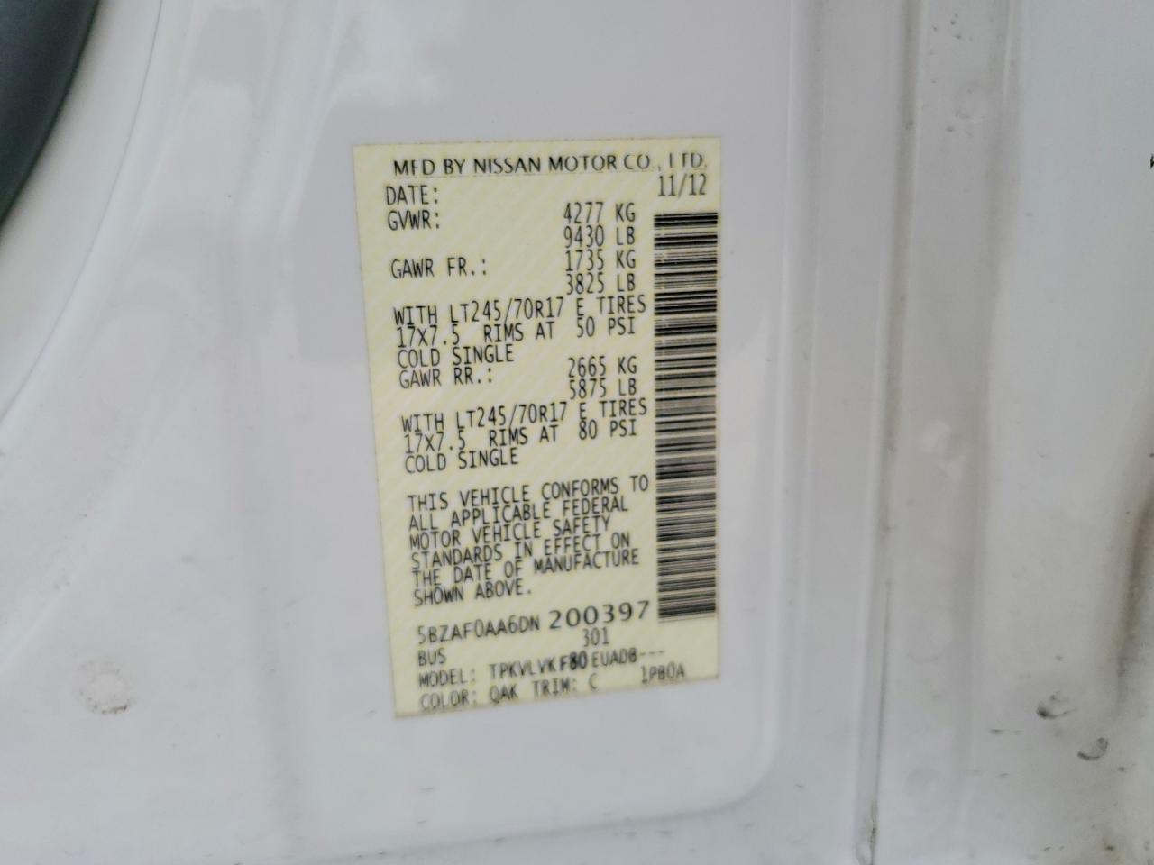 2013 Nissan Nv 3500 Hd S White vin: 5BZAF0AA6DN200397