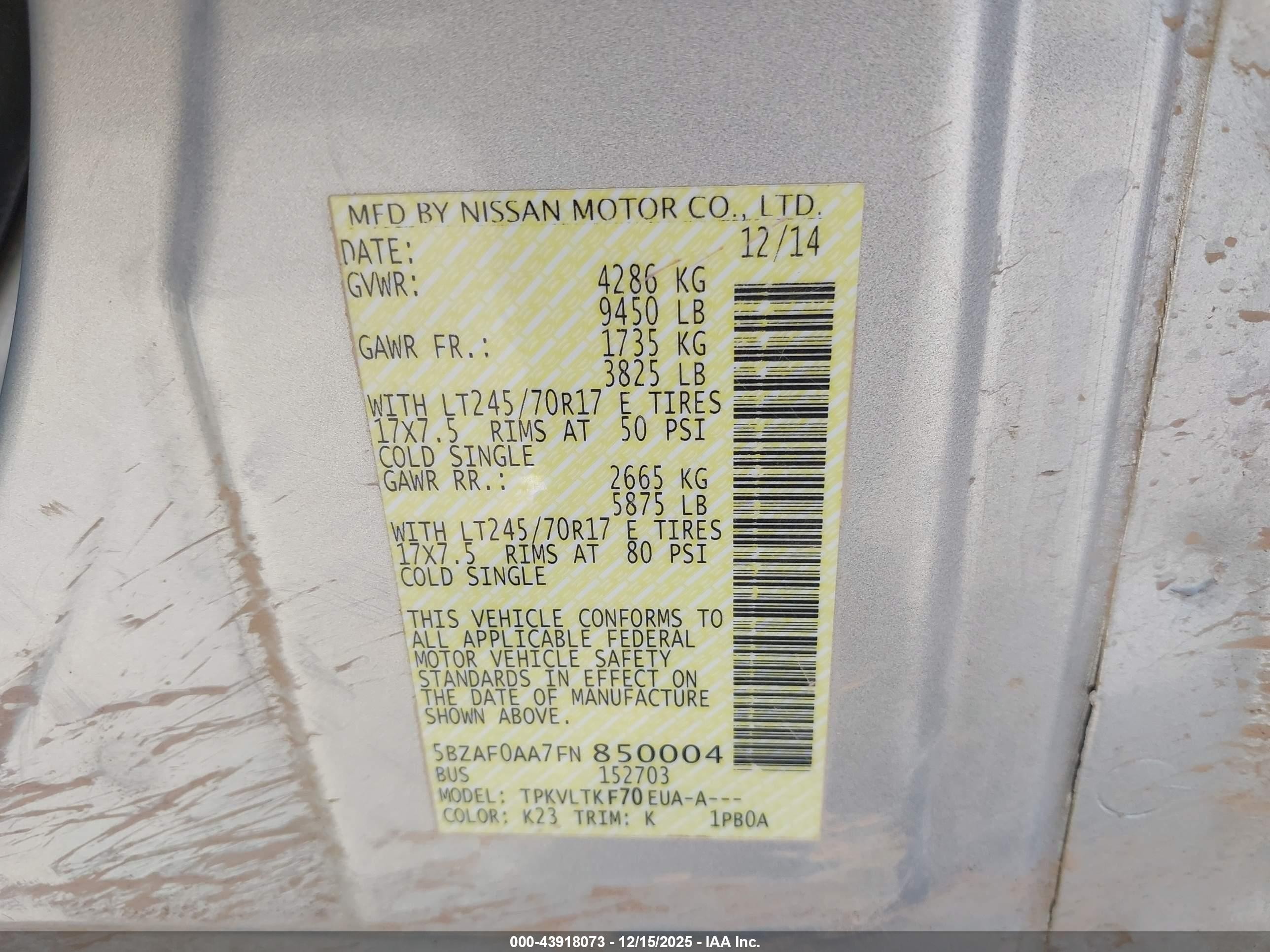 2015 Nissan Nv Passenger Nv3500 Hd Sv V8 Silver vin: 5BZAF0AA7FN850004