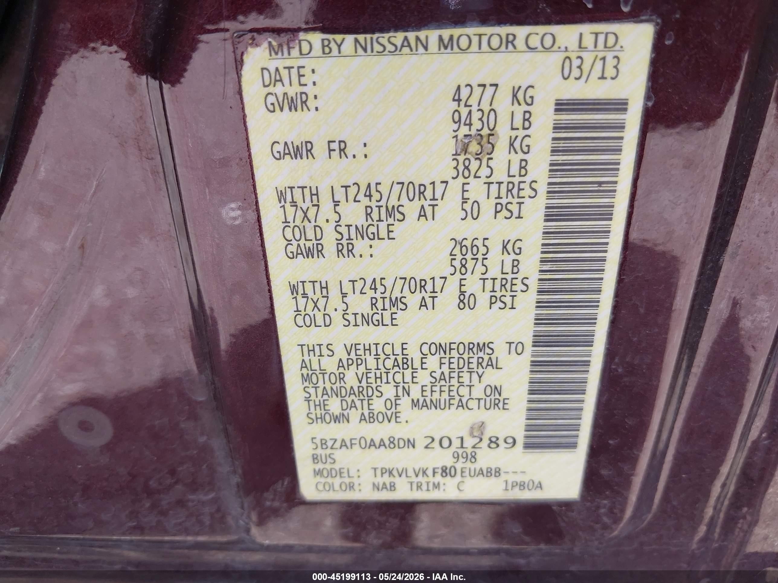2013 Nissan Nv Passenger Nv3500 Hd Sl V8 Maroon vin: 5BZAF0AA8DN201289