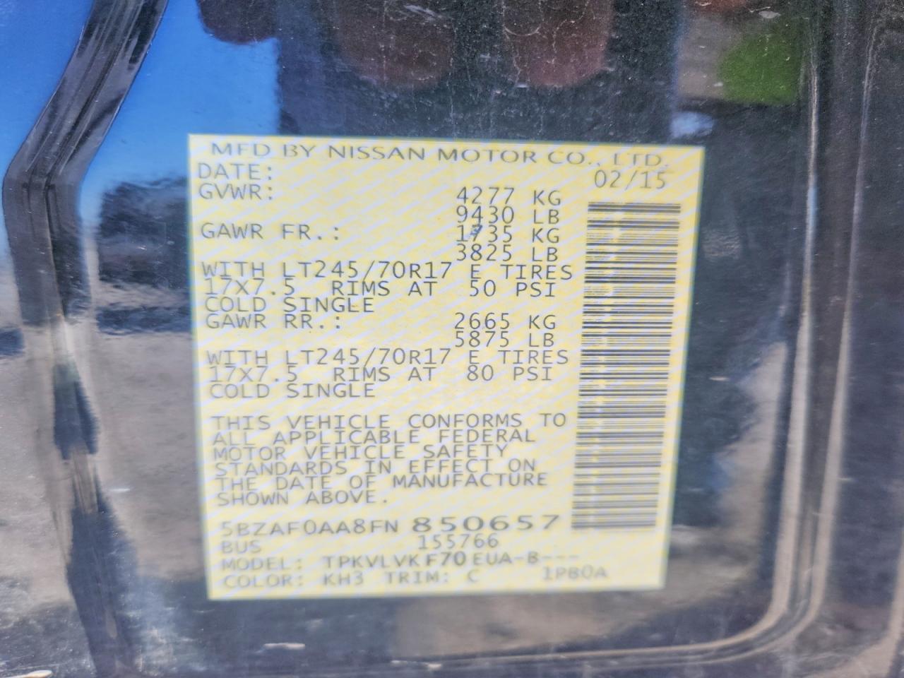 2015 Nissan Nv 3500 Hd Sl Black vin: 5BZAF0AA8FN850657