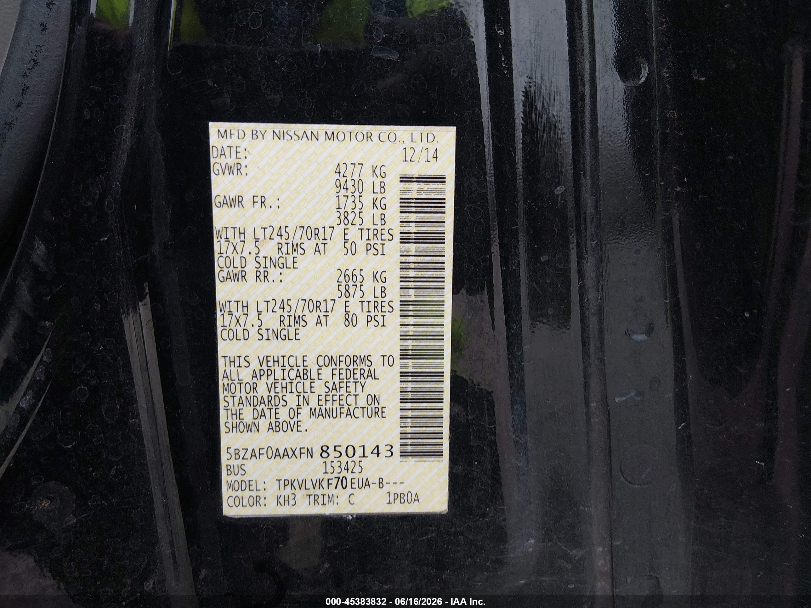 2015 Nissan Nv Passenger Nv3500 Hd Sl V8 Black vin: 5BZAF0AAXFN850143