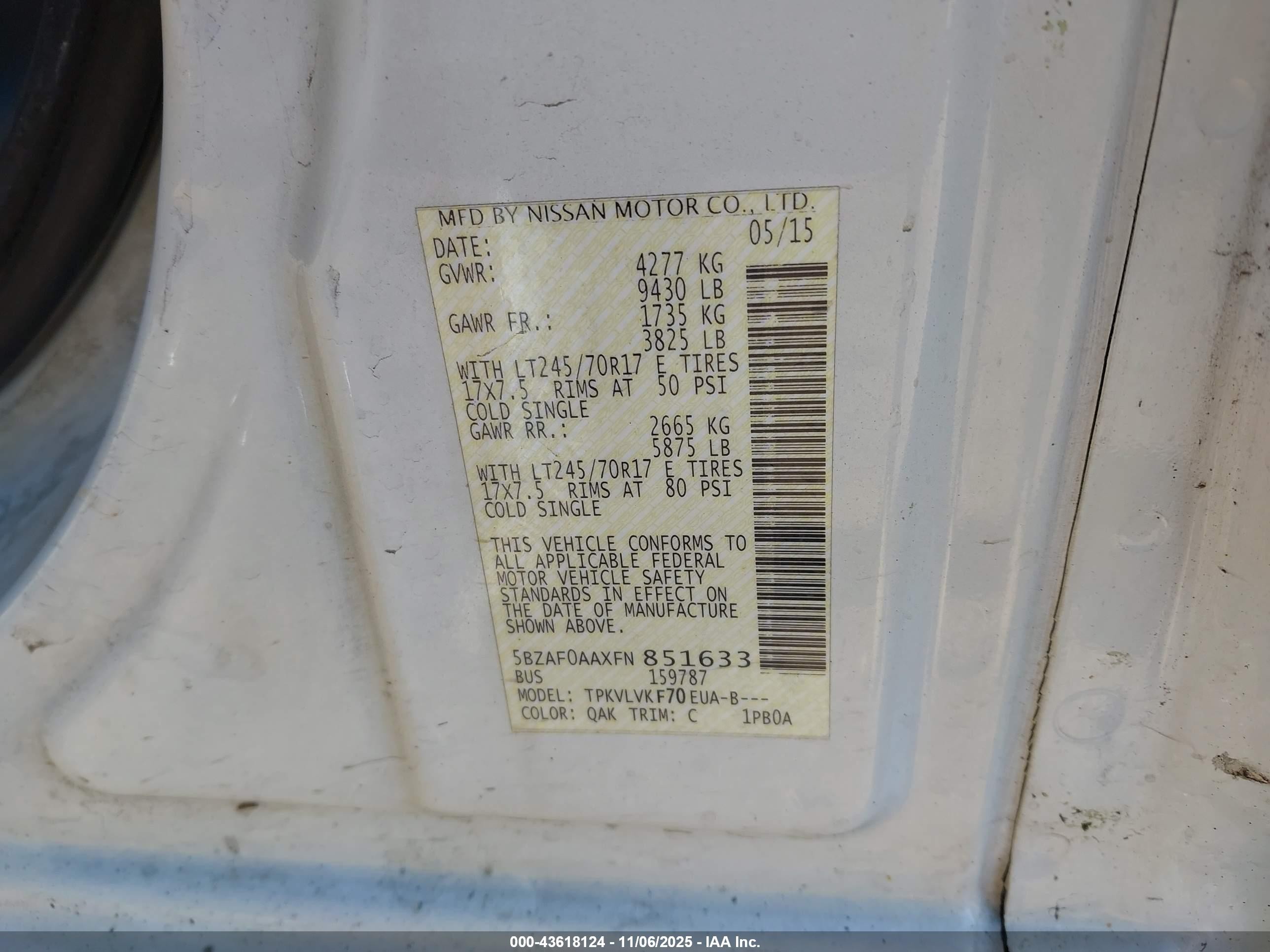 2015 Nissan Nv Passenger Nv3500 Hd Sl V8 White vin: 5BZAF0AAXFN851633
