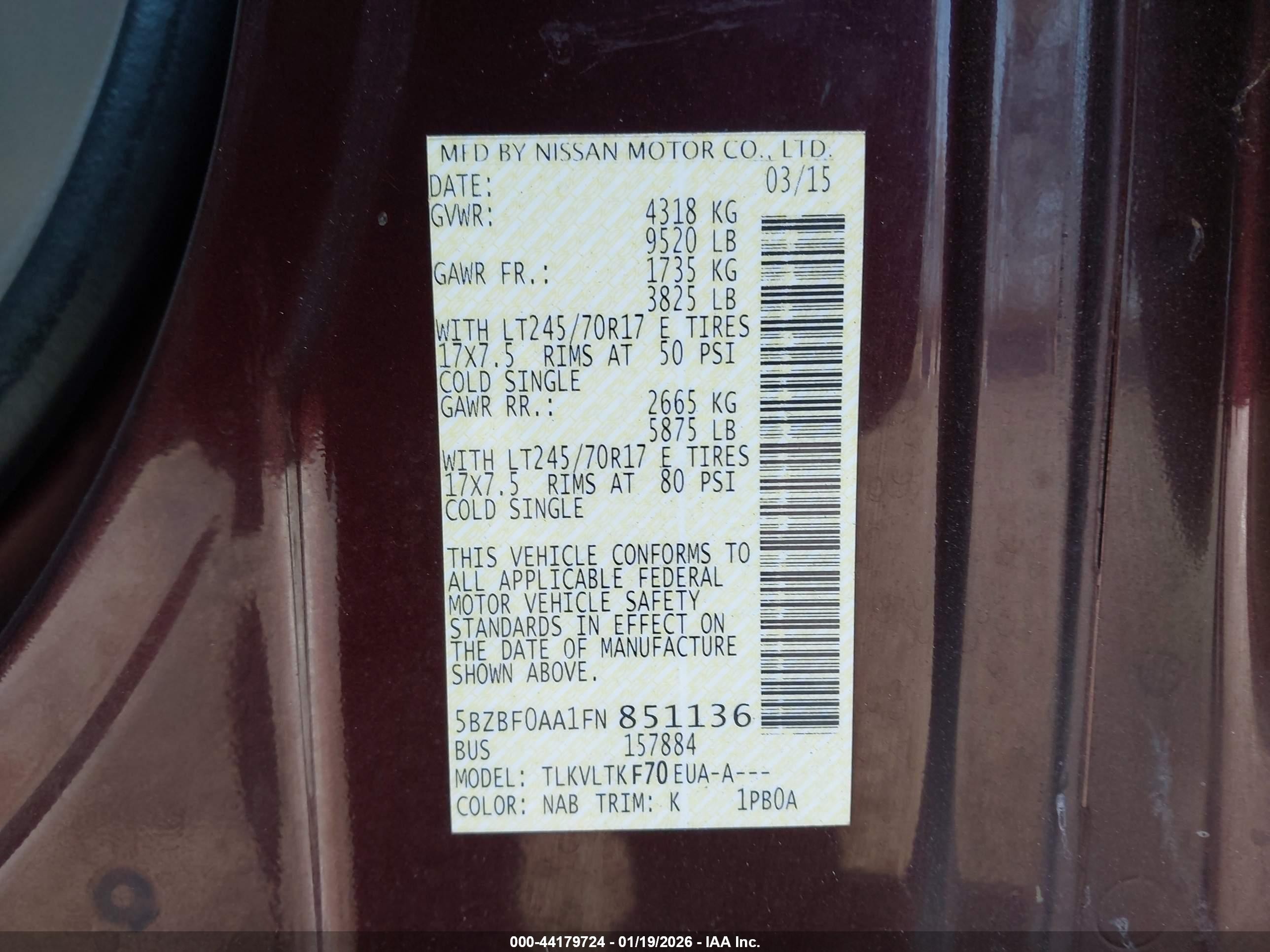 2015 Nissan Nv Passenger Nv3500 Hd Sv V6 Burgundy vin: 5BZBF0AA1FN851136