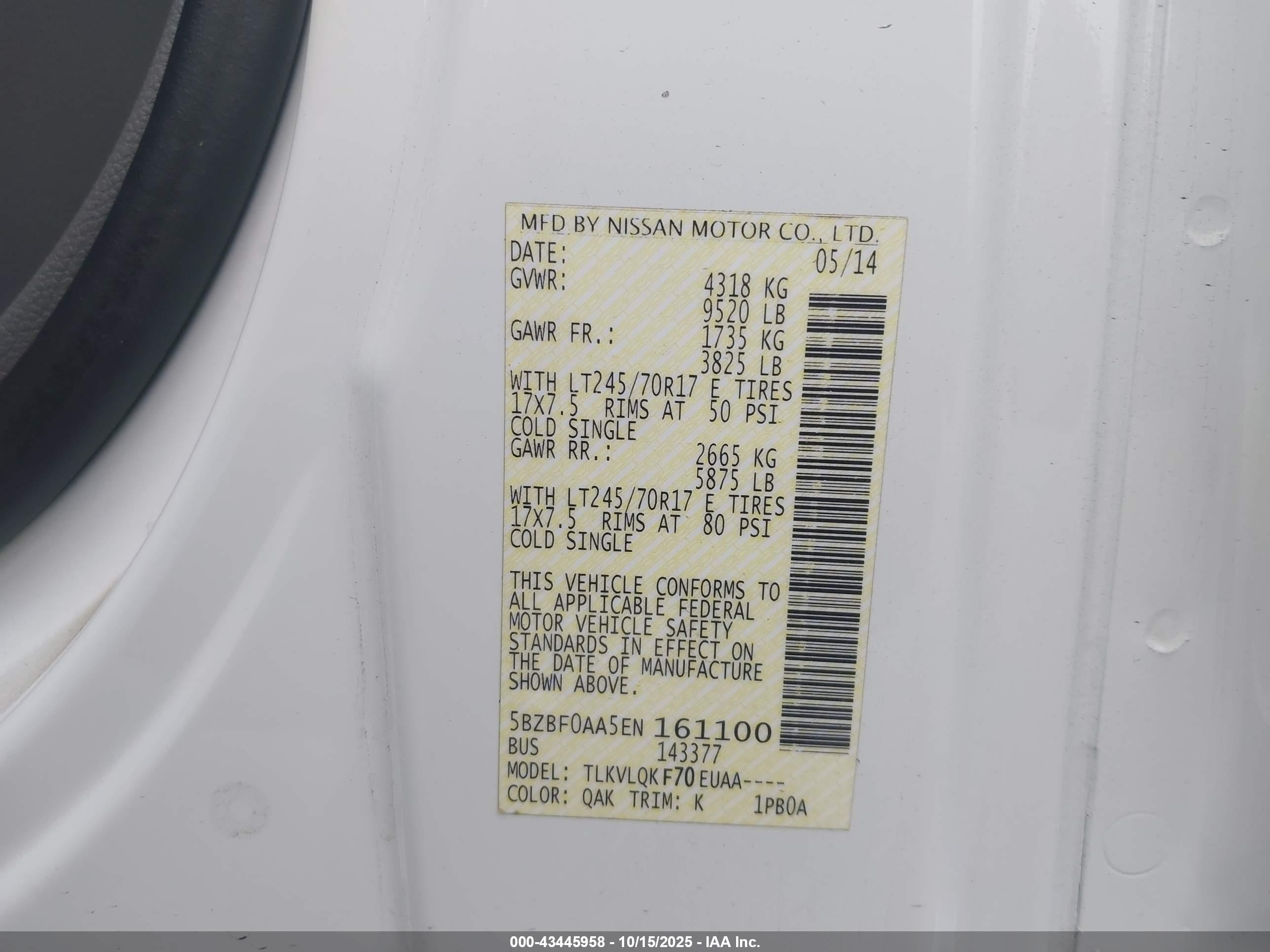 2014 Nissan Nv Passenger Nv3500 Hd S V6/sv V6 White vin: 5BZBF0AA5EN161100
