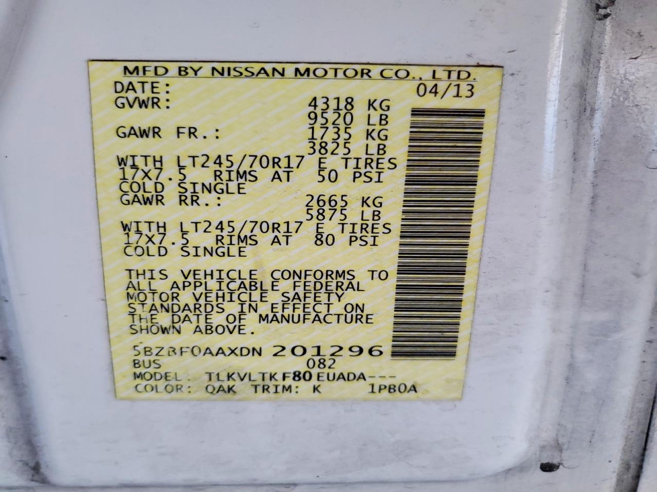 2013 Nissan Nv 3500 Hd S White vin: 5BZBF0AAXDN201296