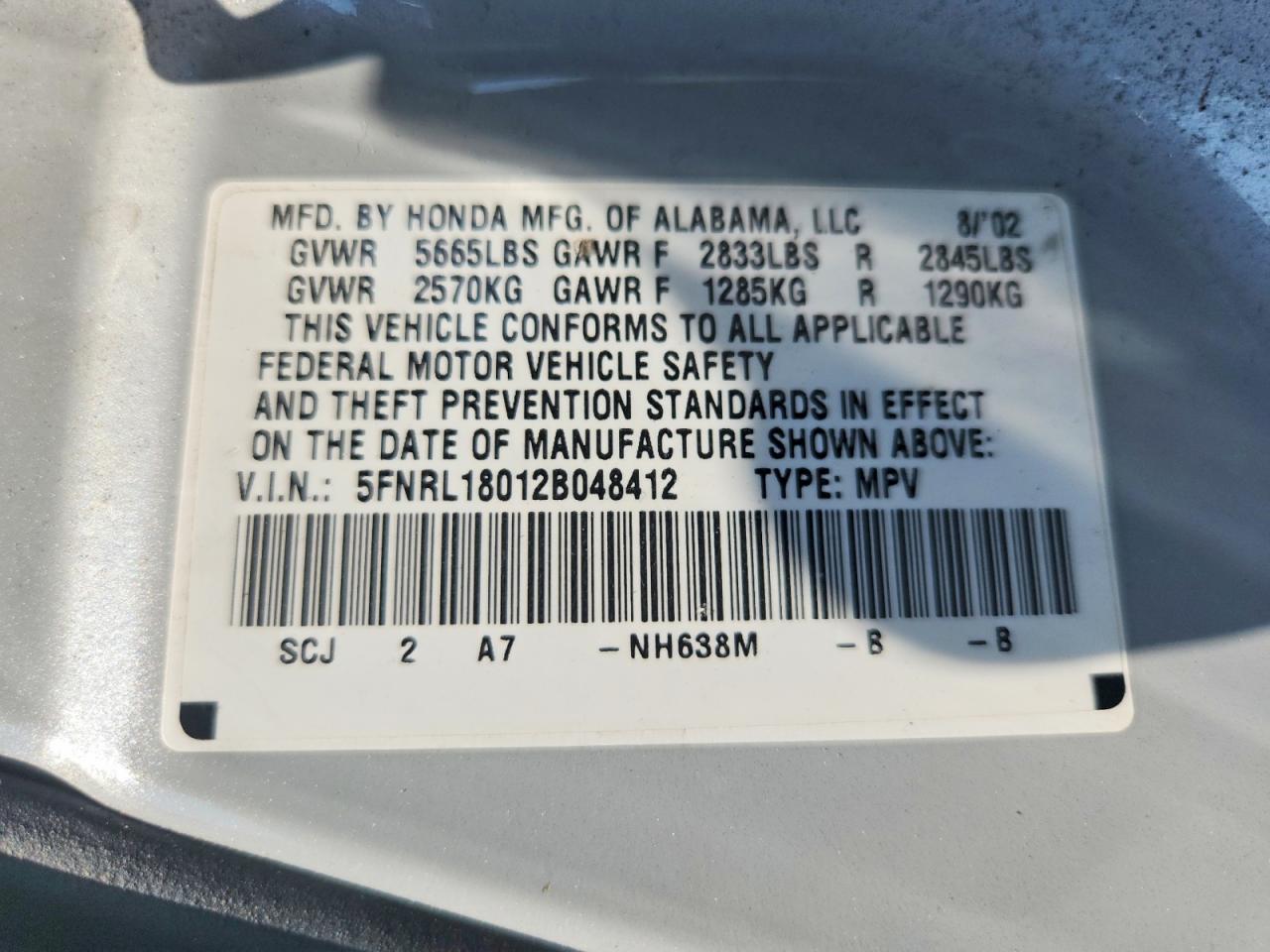 2002 Honda Odyssey Exl Gray vin: 5FNRL18012B048412