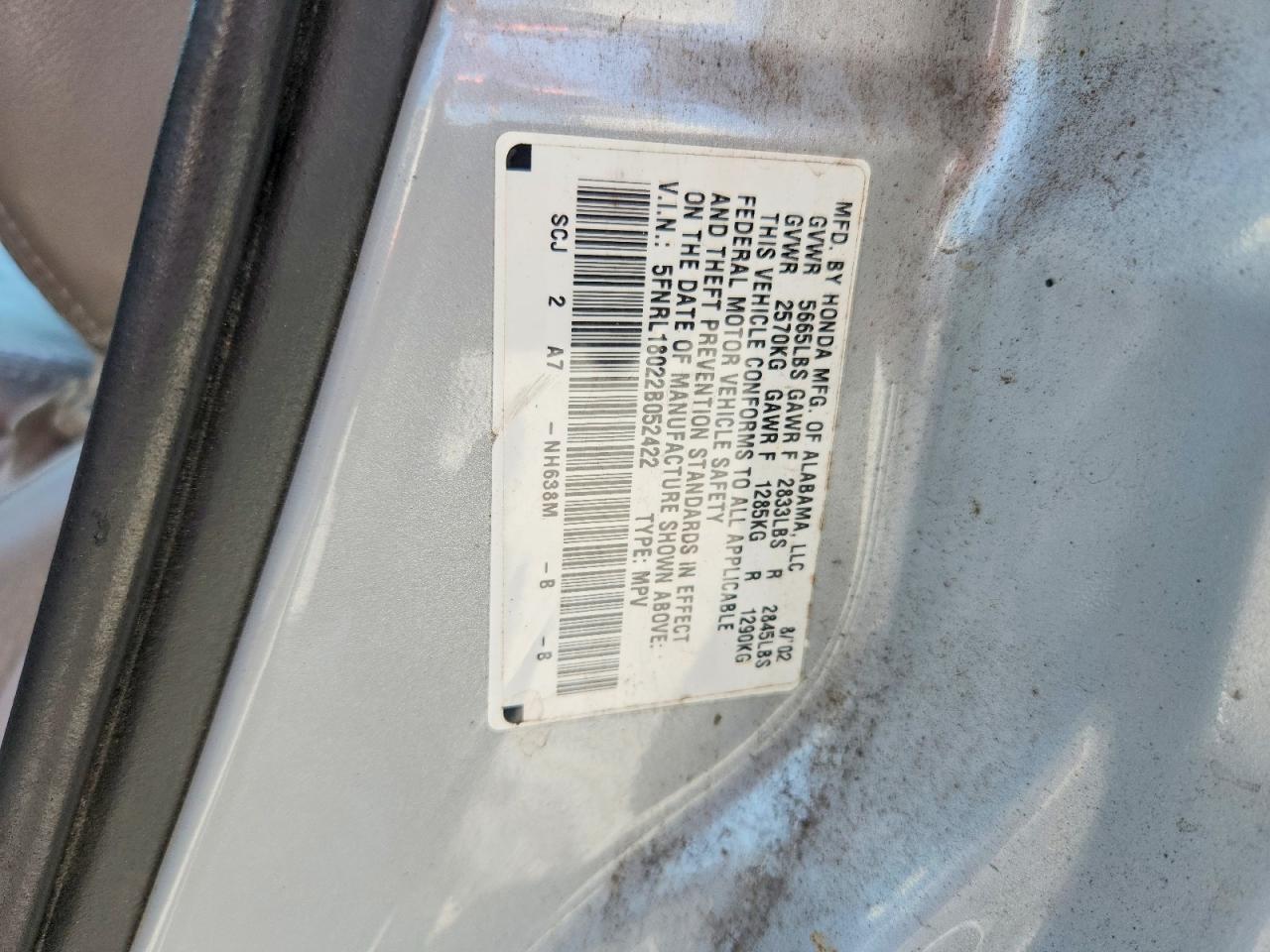 2002 Honda Odyssey Exl Серебряный vin: 5FNRL18022B052422