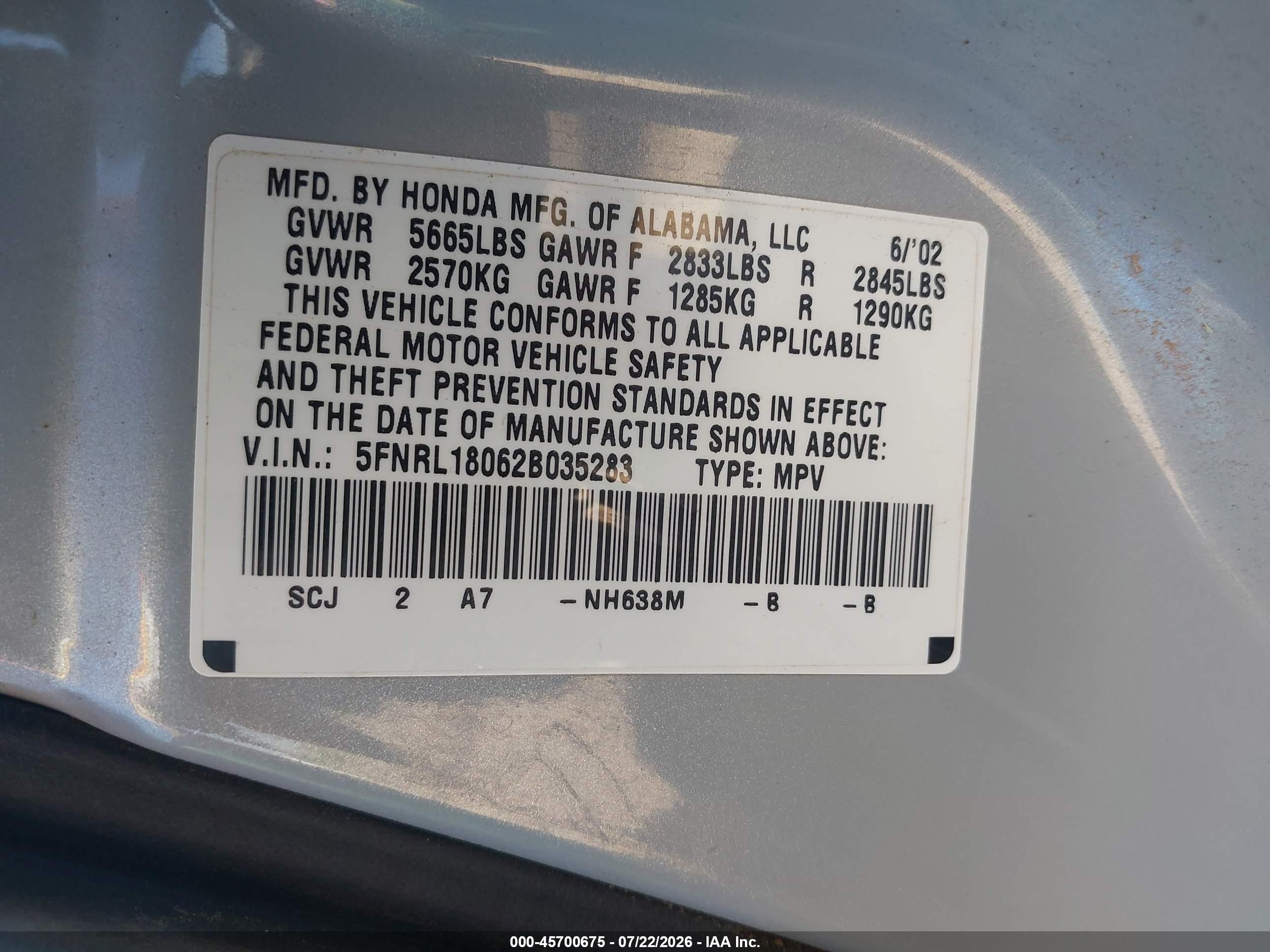 2002 Honda Odyssey Ex-l Silver vin: 5FNRL18062B035283