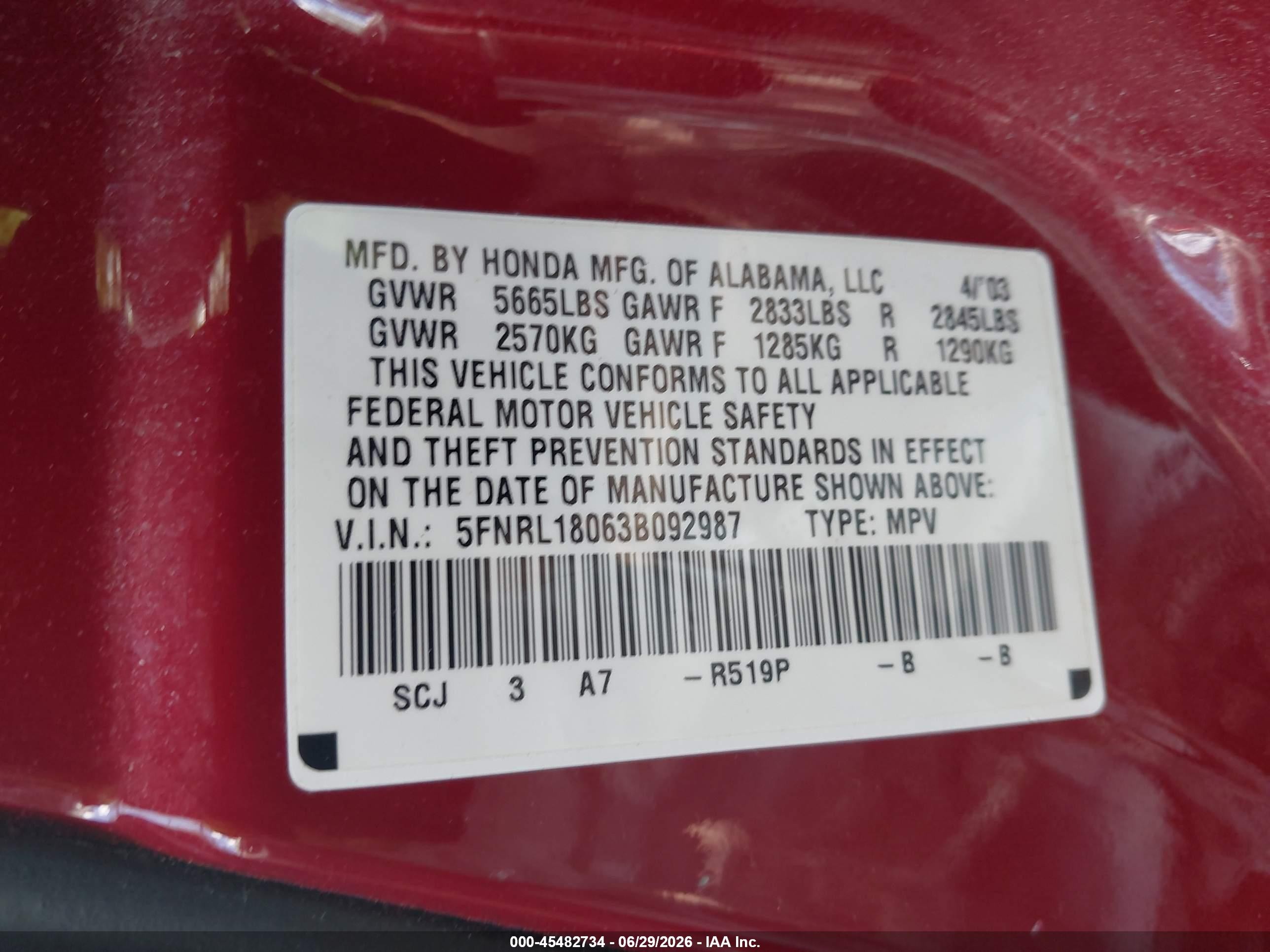 2003 Honda Odyssey Ex-l Red vin: 5FNRL18063B092987