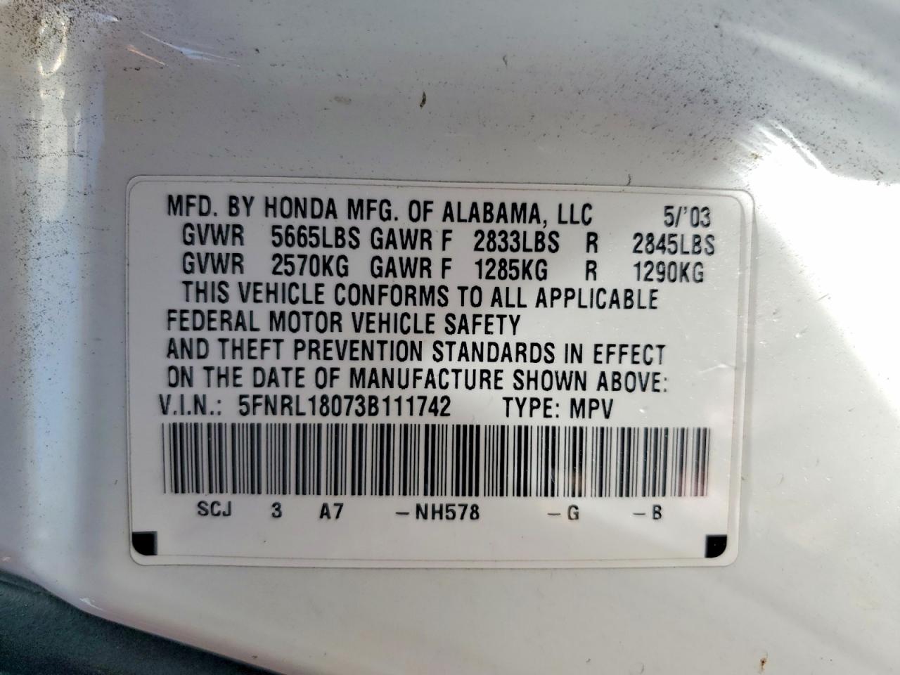 2003 Honda Odyssey Exl White vin: 5FNRL18073B111742