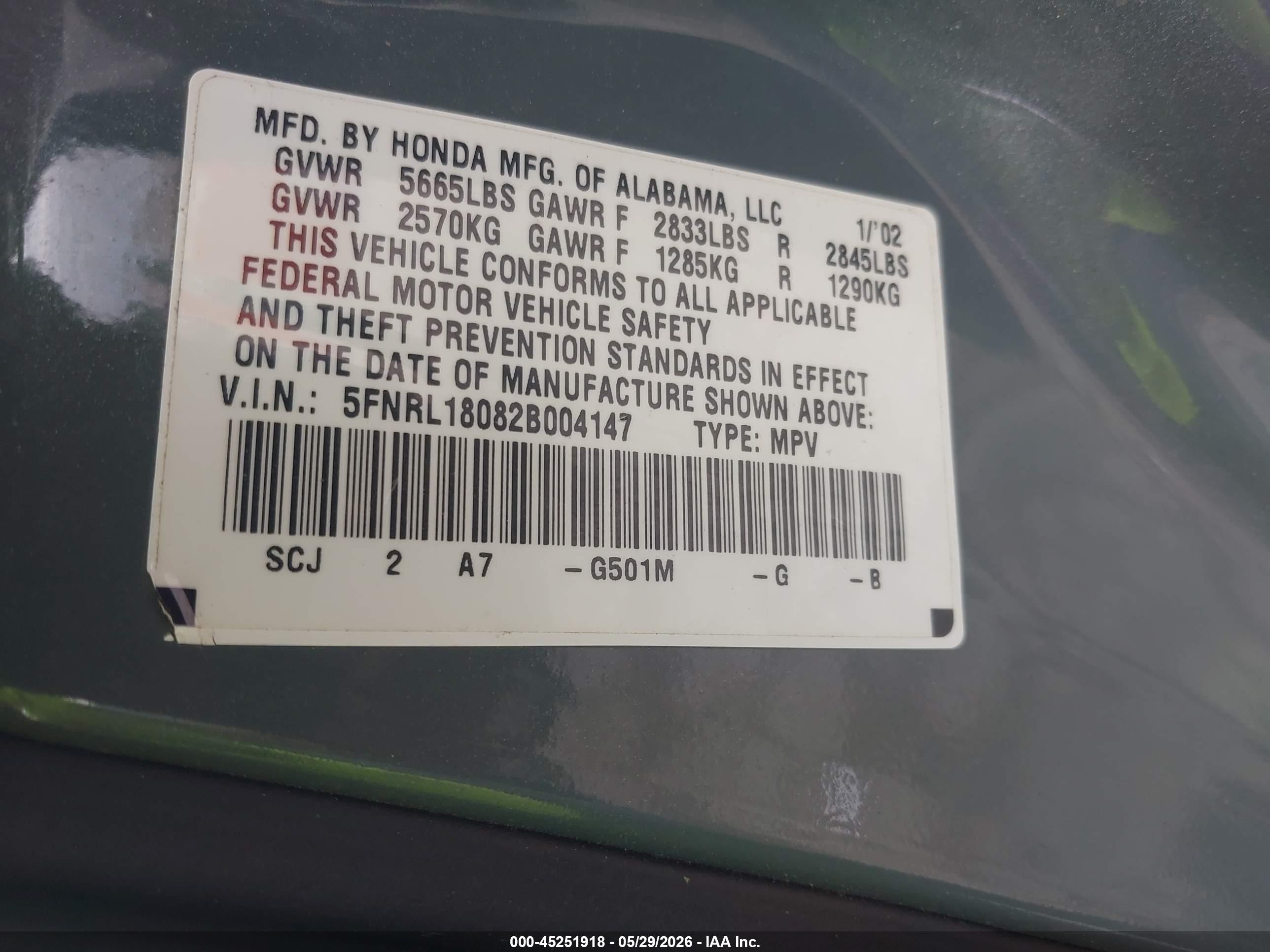 2002 Honda Odyssey Ex-l Green vin: 5FNRL18082B004147