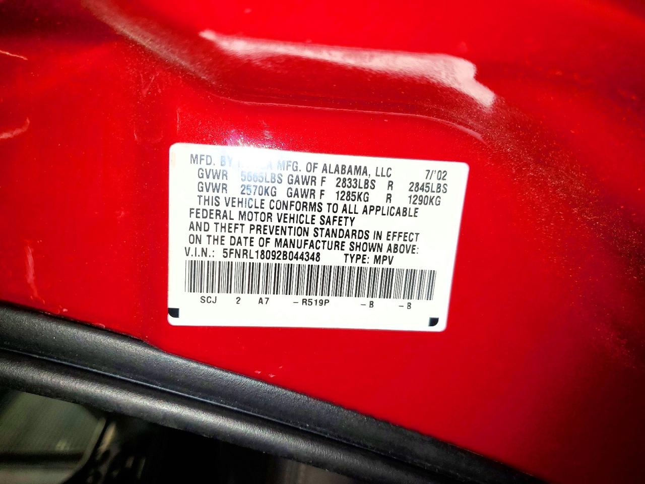 2002 Honda Odyssey Exl Red vin: 5FNRL18092B044348