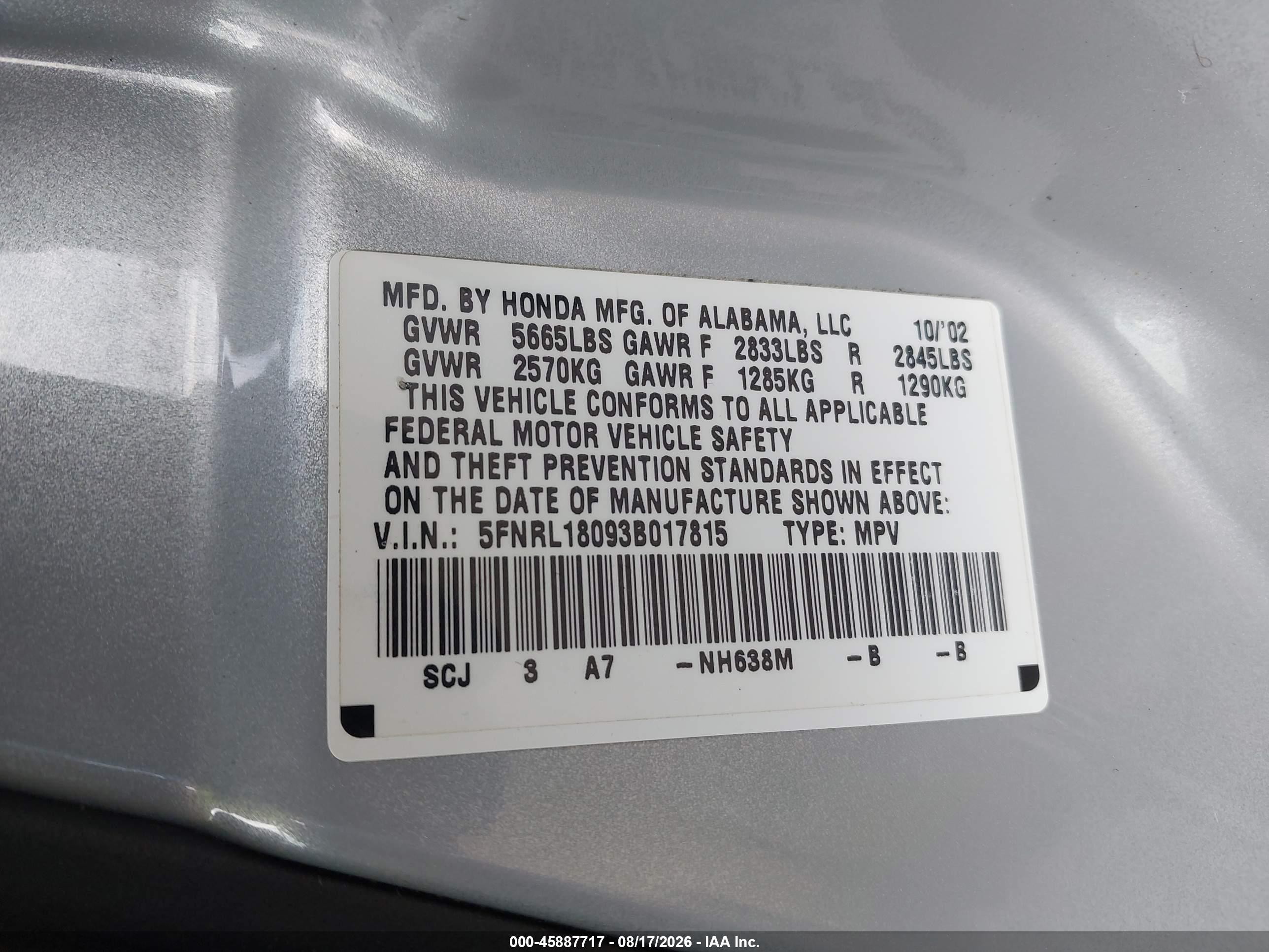 2003 Honda Odyssey Ex-l Silver vin: 5FNRL18093B017815