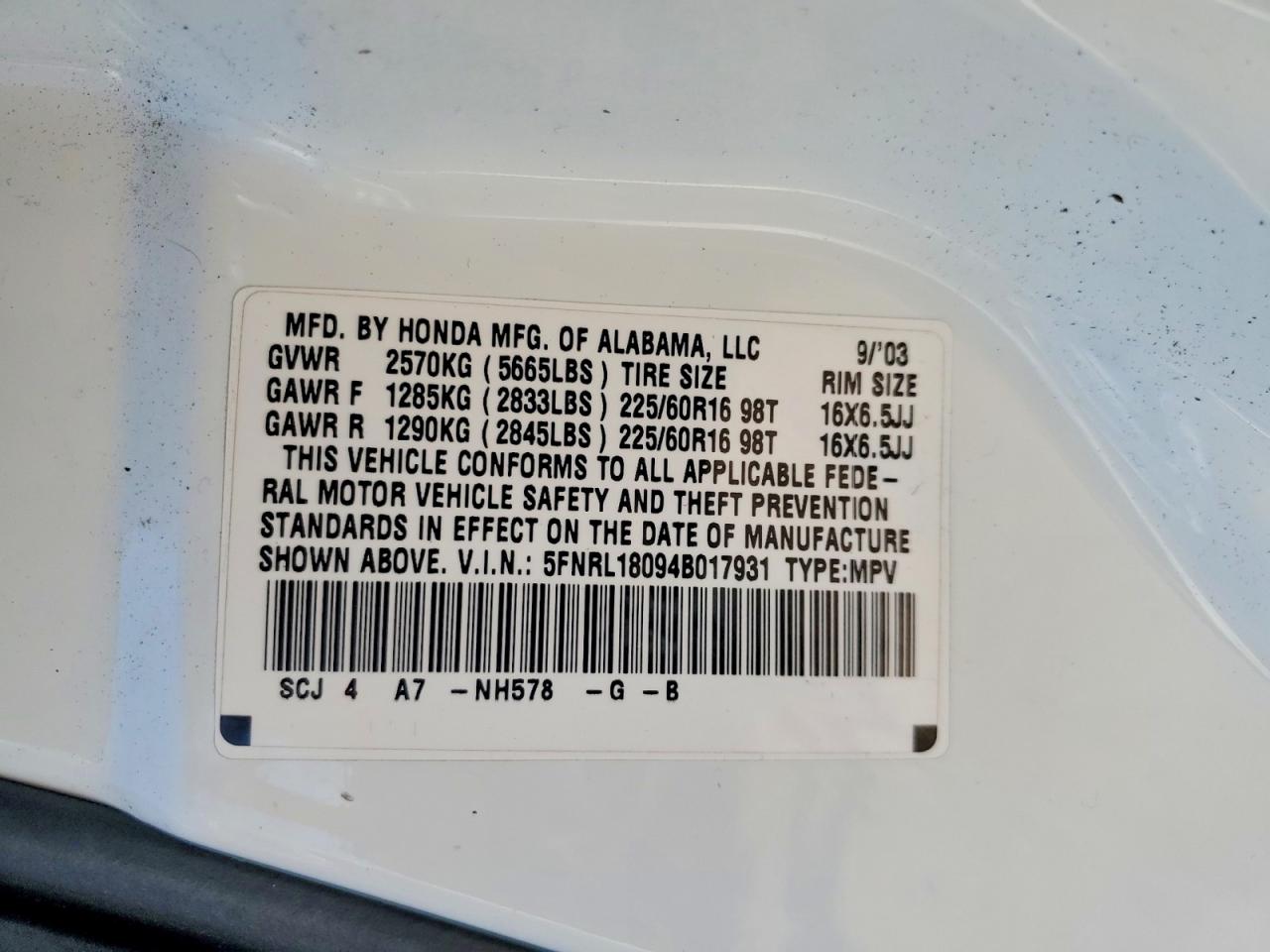 2004 Honda Odyssey Exl White vin: 5FNRL18094B017931