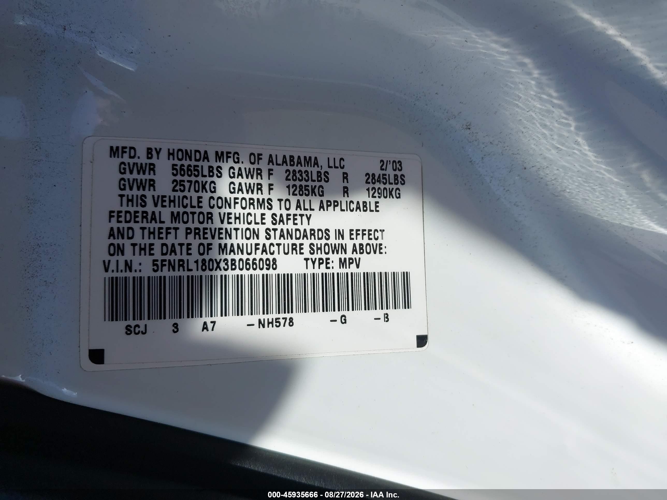 2003 Honda Odyssey Ex-l White vin: 5FNRL180X3B066098