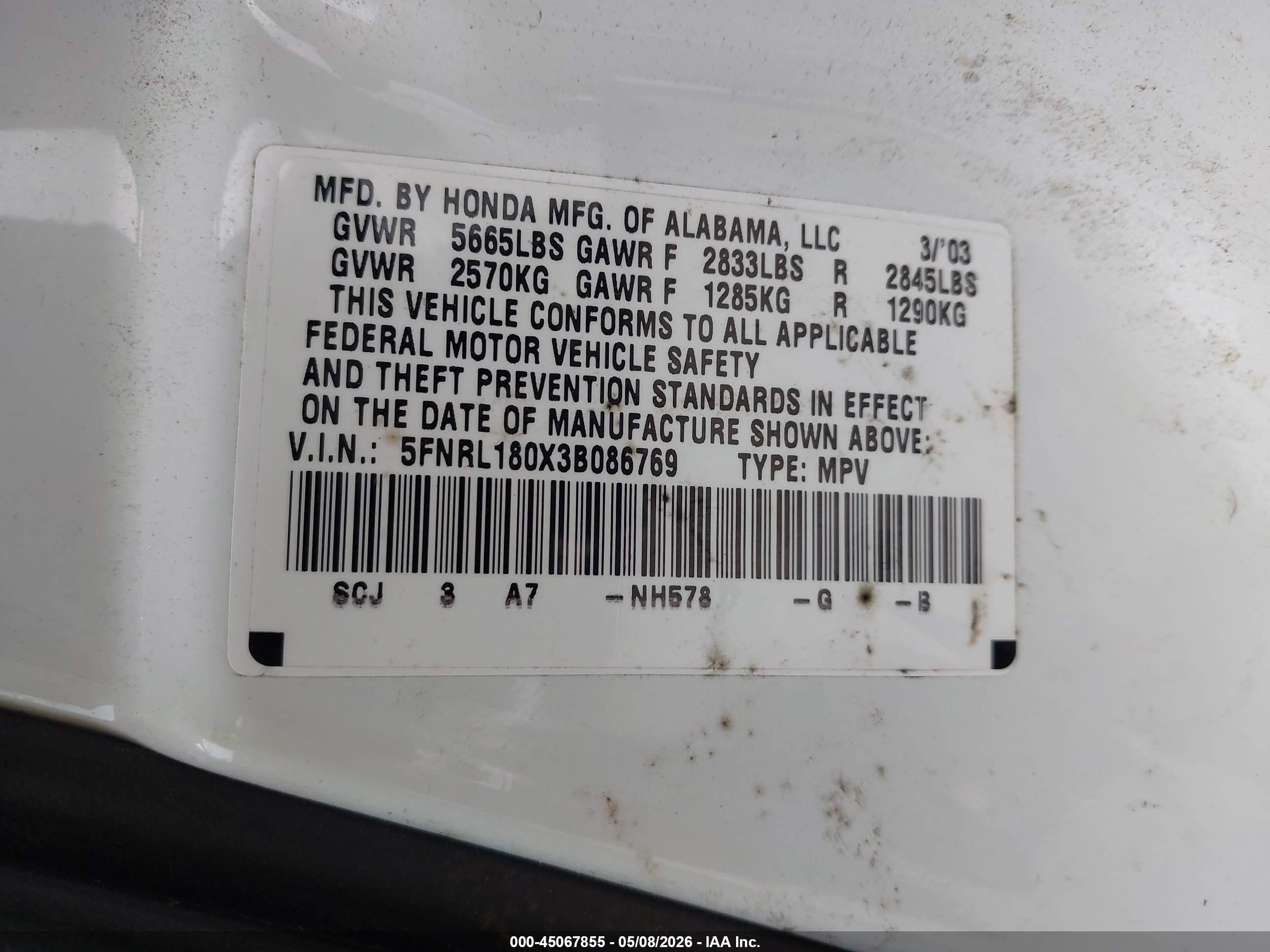 2003 Honda Odyssey Ex-l White vin: 5FNRL180X3B086769