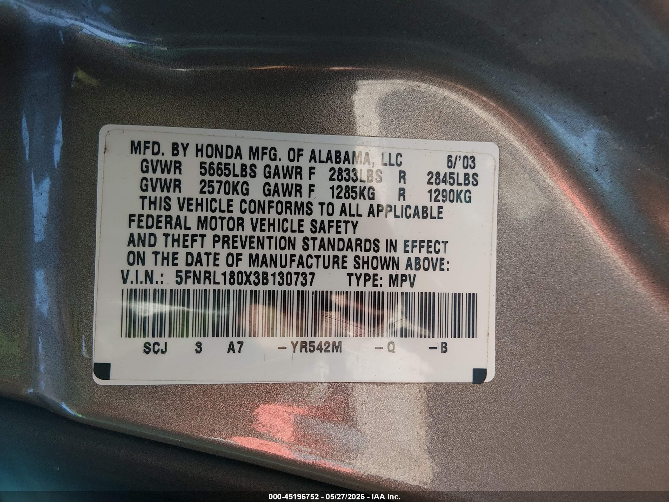2003 Honda Odyssey Ex-l Gold vin: 5FNRL180X3B130737