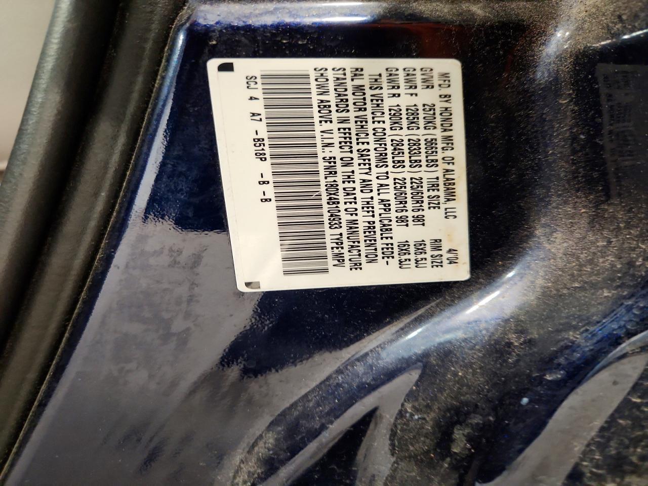 2004 Honda Odyssey Exl Blue vin: 5FNRL180X4B104933