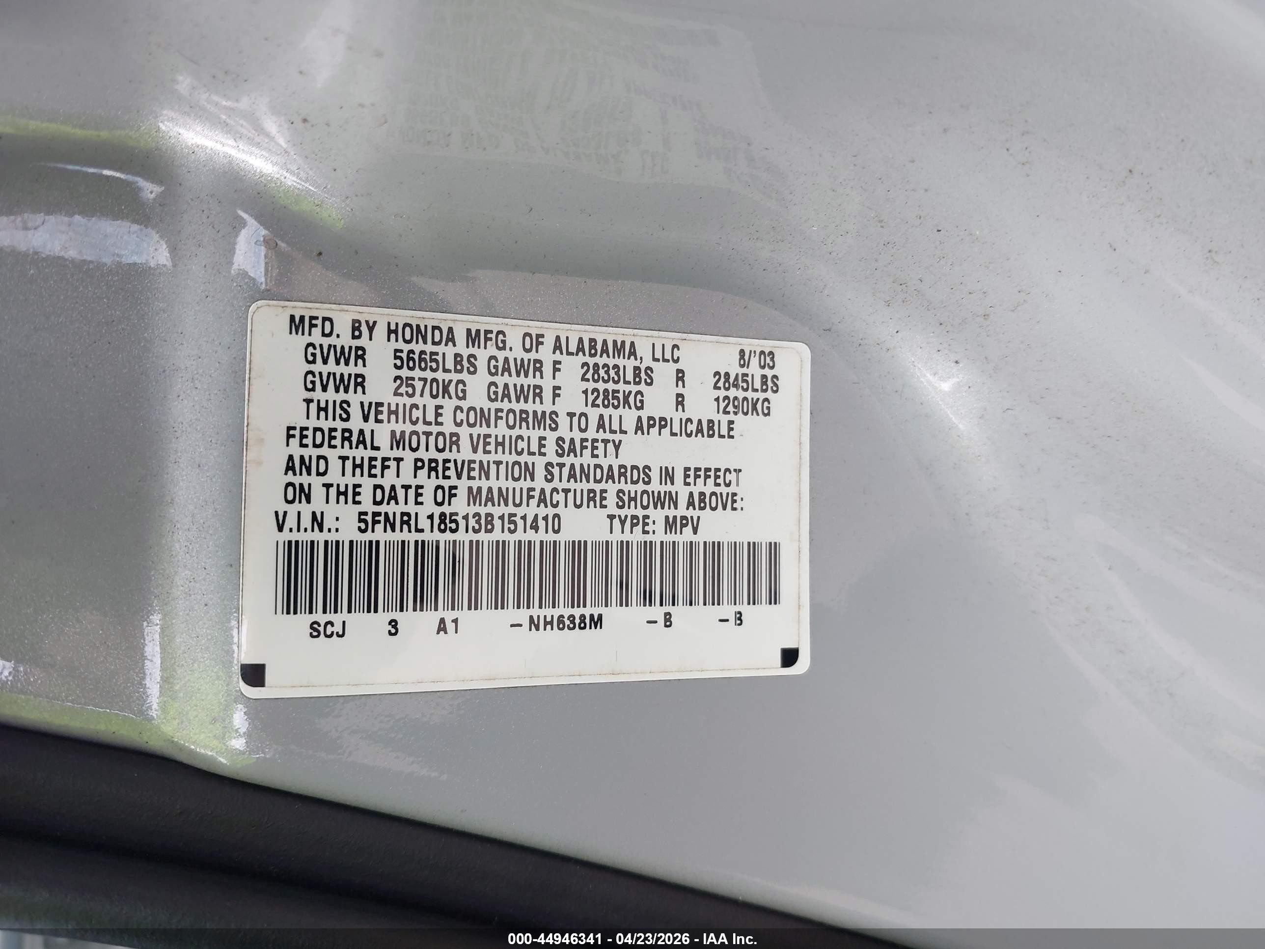 2003 Honda Odyssey Lx Silver vin: 5FNRL18513B151410
