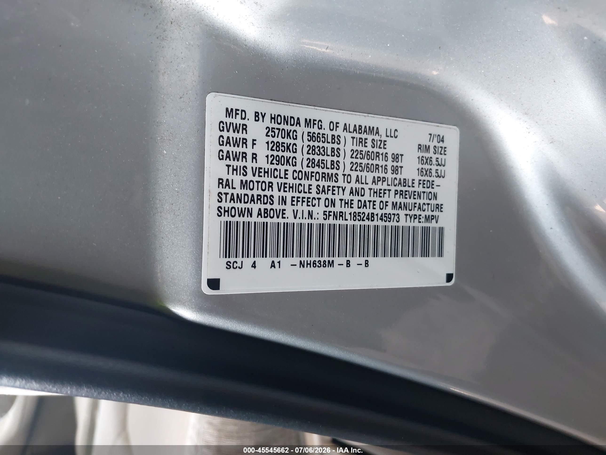 2004 Honda Odyssey Lx Silver vin: 5FNRL18524B145973