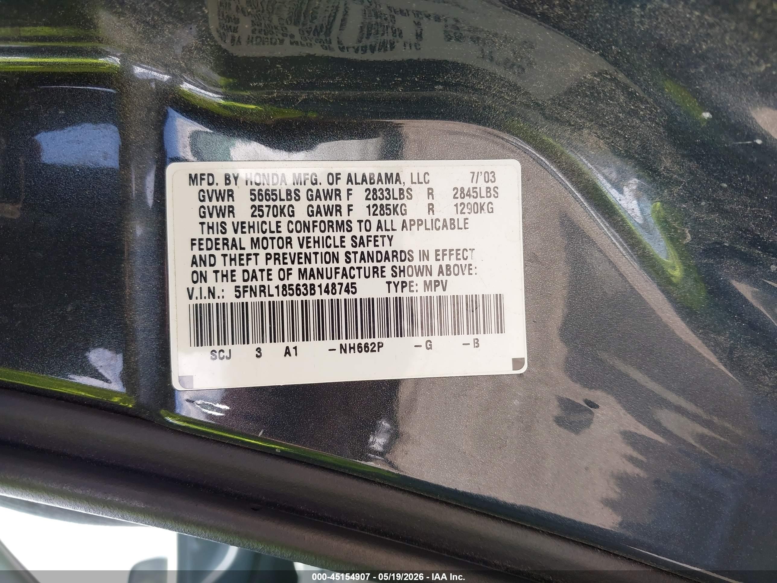 2003 Honda Odyssey Lx Blue vin: 5FNRL18563B148745
