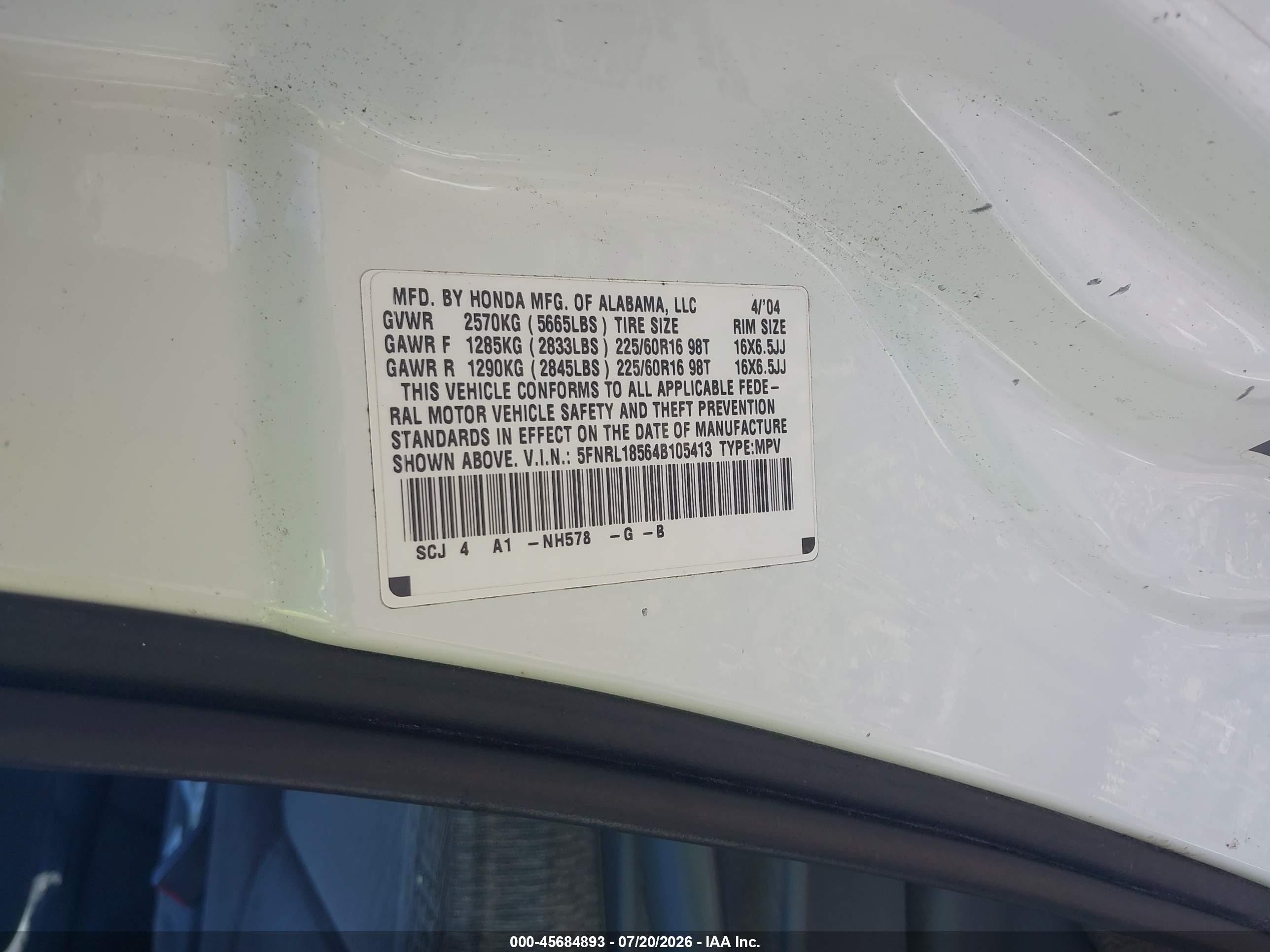 2004 Honda Odyssey Lx White vin: 5FNRL18564B105413
