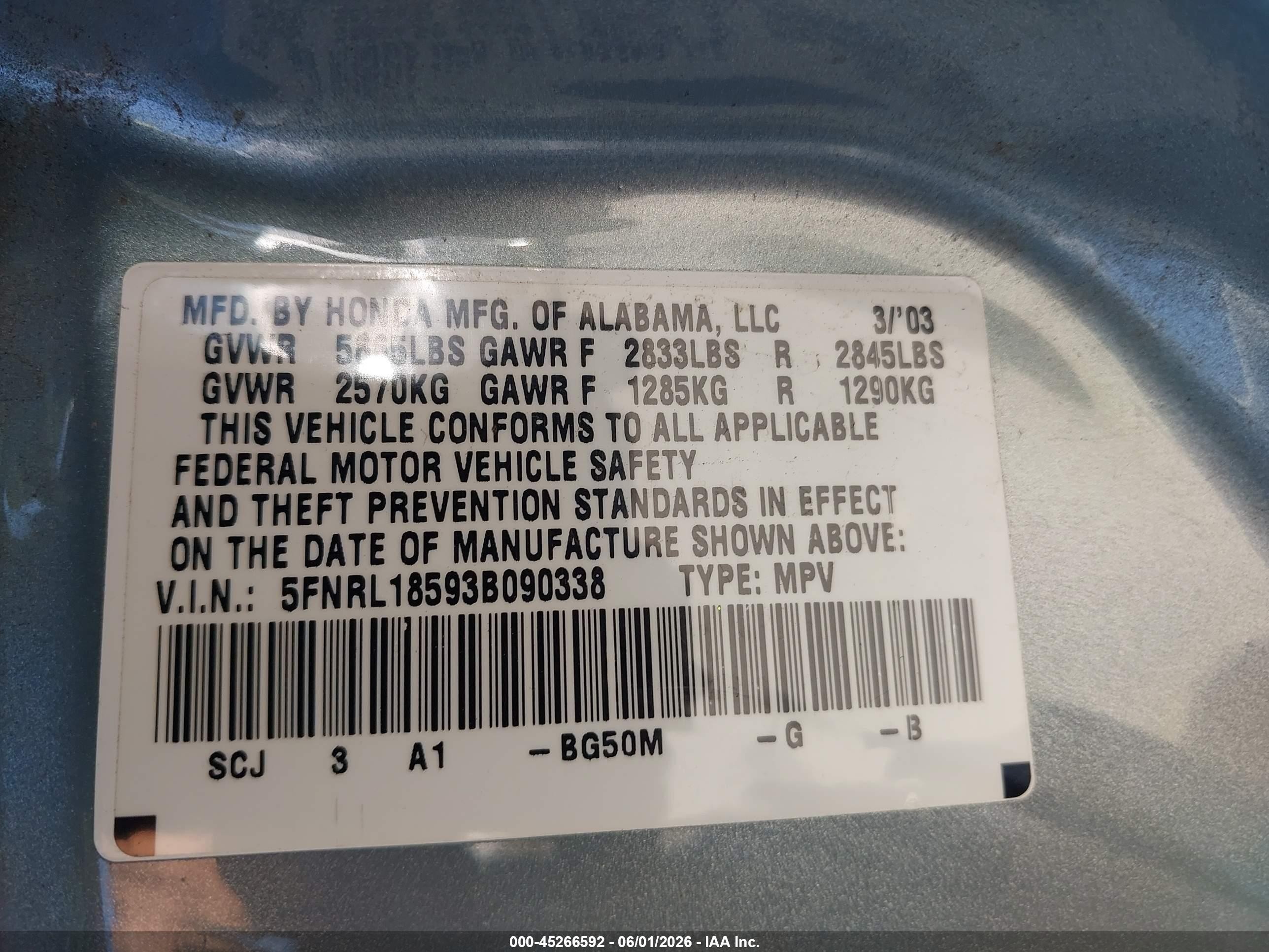 2003 Honda Odyssey Lx Silver vin: 5FNRL18593B090338