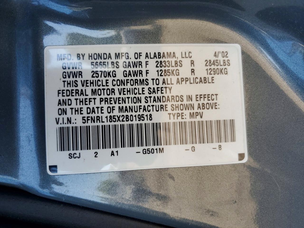 2002 Honda Odyssey Lx Gray vin: 5FNRL185X2B019518